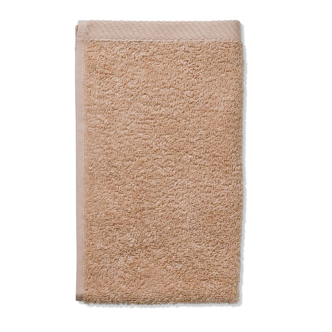 Beige Handtuch Frottee hochwertig Beige Frottee-Handtuch mit strukturierter Oberfläche und hellerer Bordüre auf weißem Hintergrund