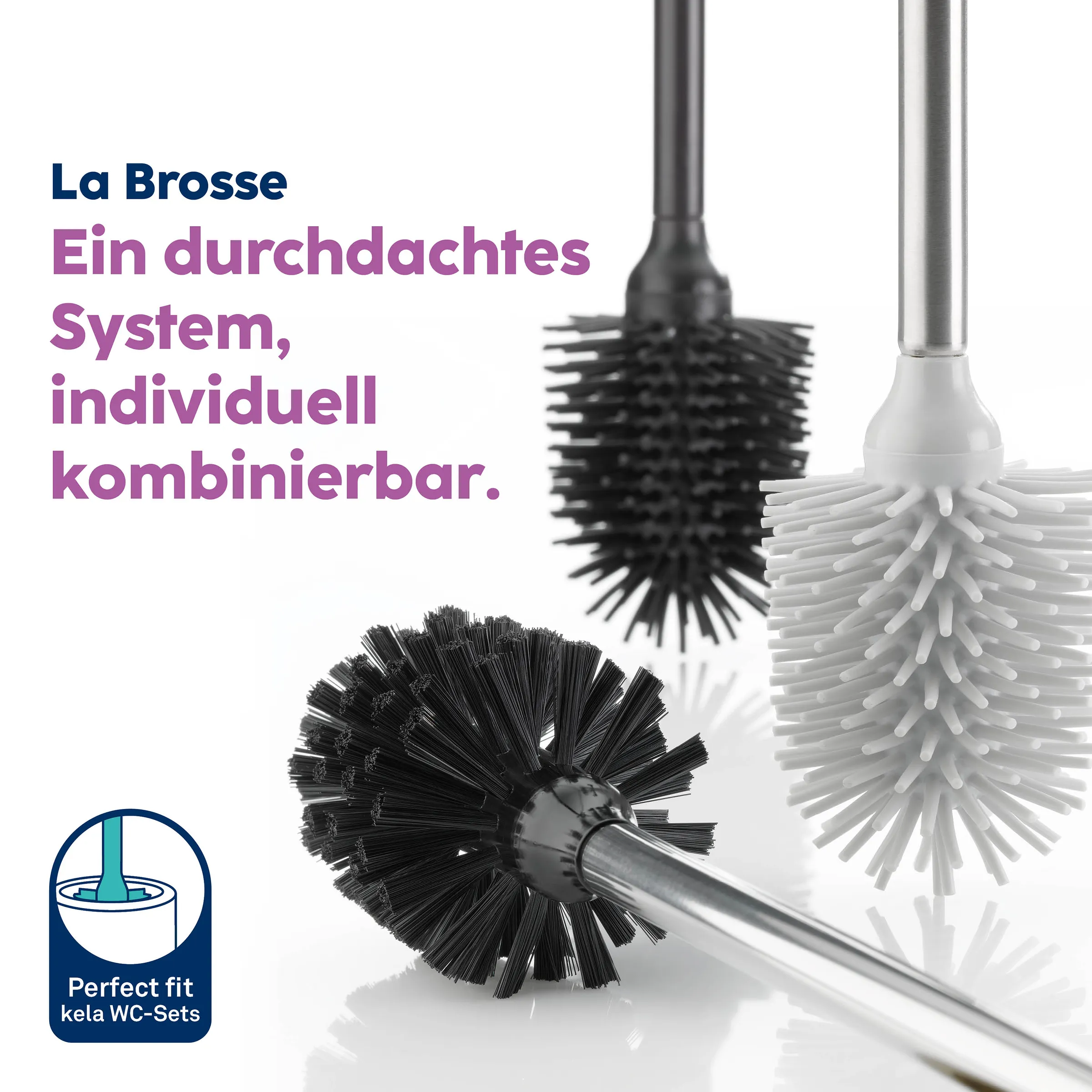La Brosse Toilettenbürste mit verschiedenen austauschbaren Bürstenköpfen in Schwarz und Weiß