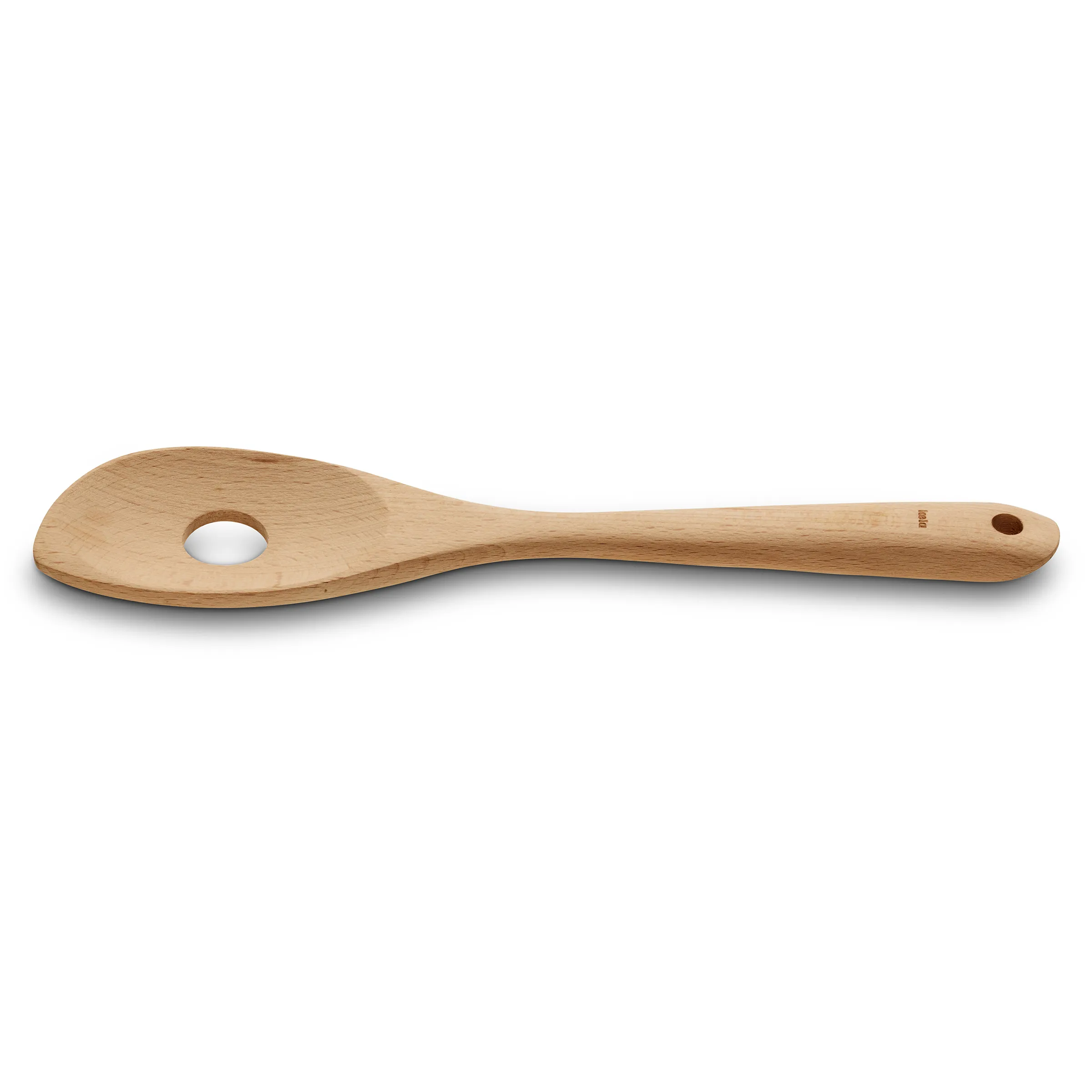 Holzkochlöffel mit Loch - Küchenutensil aus Buchenholz Holzkochlöffel aus hellem Buchenholz mit rundem Loch im Löffelkopf und Aufhängeöse am Griff