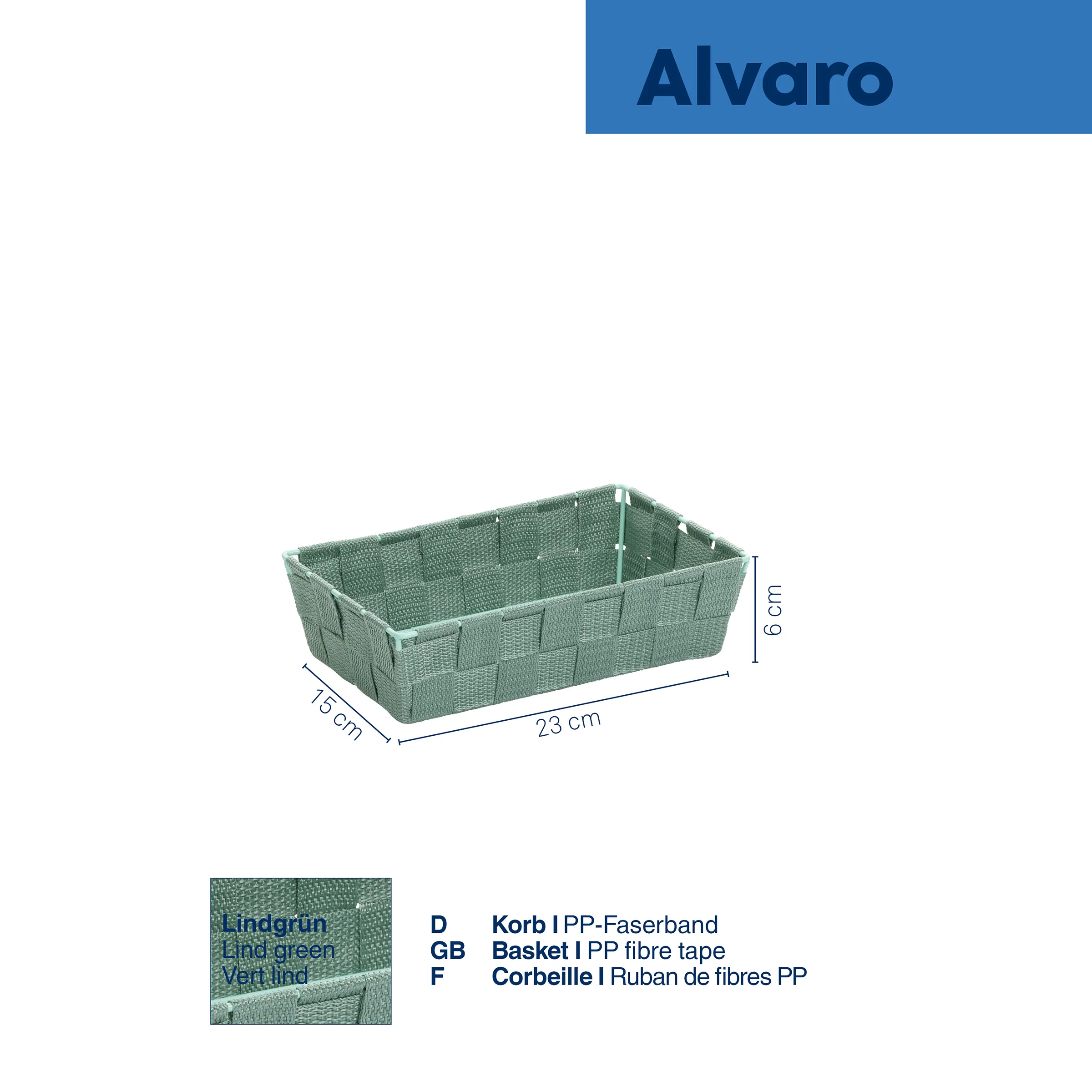 Alvaro Aufbewahrungskorb lindgrün PP-Faserband 23x15x6 cm geflochten Lindgrüner Aufbewahrungskorb Alvaro aus PP-Faserband, rechteckig, 23×15×6 cm, geflochten