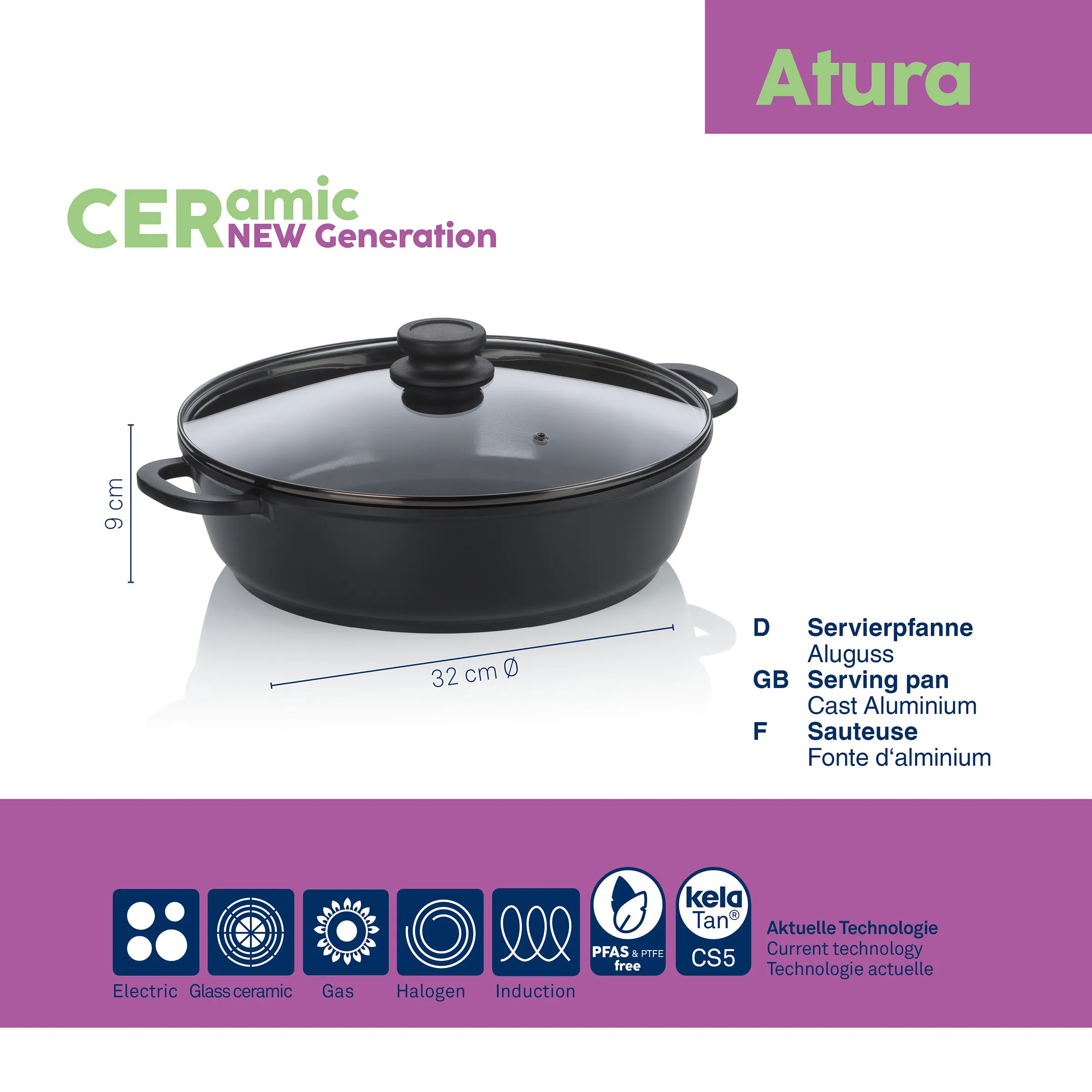 Atura CER Servierpfanne Aluguss 32 cm mit Deckel Schwarze Aluminium-Servierpfanne Atura CER mit Glasdeckel, 32 cm Durchmesser, 9 cm Höhe