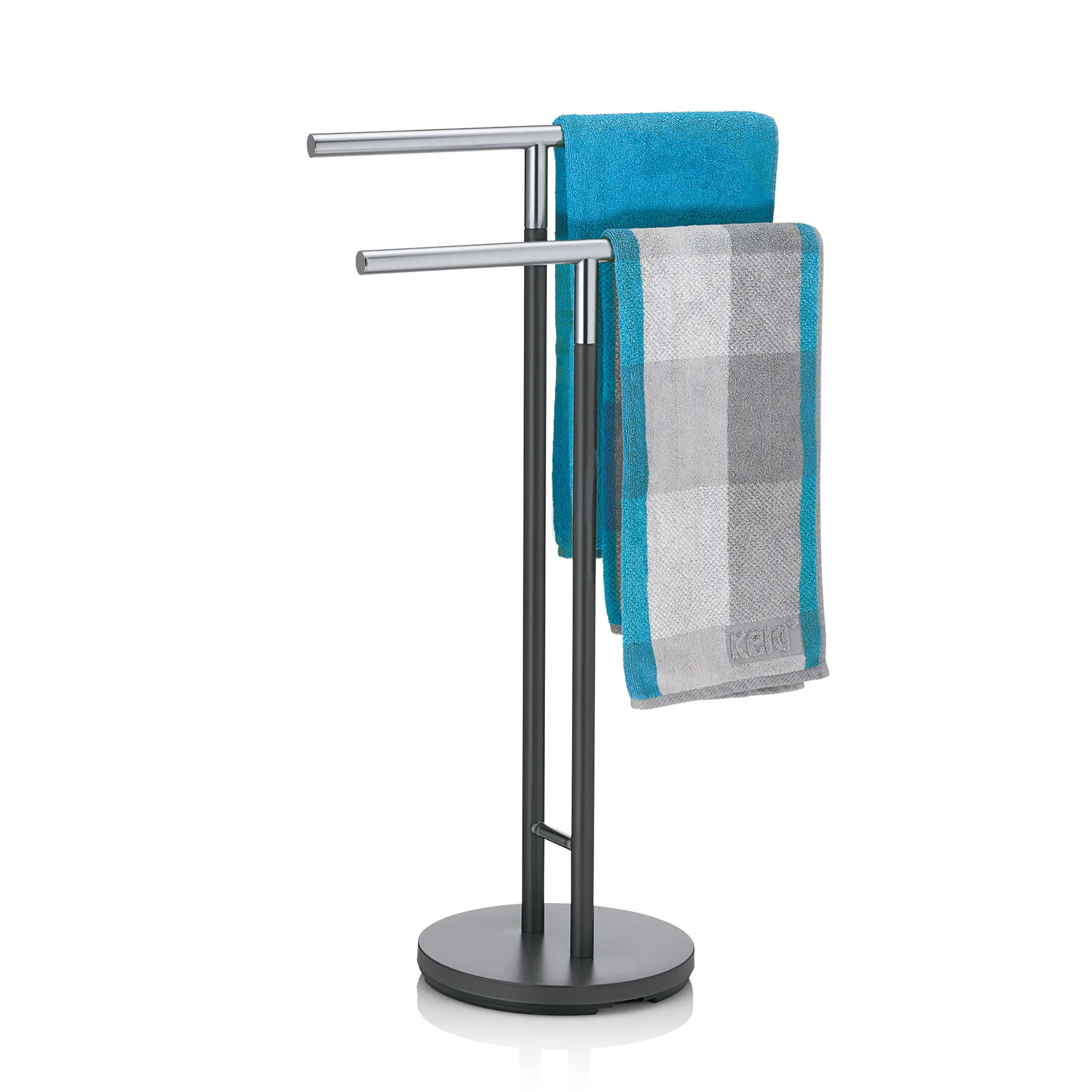 Handtuchständer mit 2 Stangen - Badezimmer Handtuchhalter Handtuchständer aus schwarzem Metall mit zwei horizontalen Stangen, behangen mit blauen und karierten Handtüchern