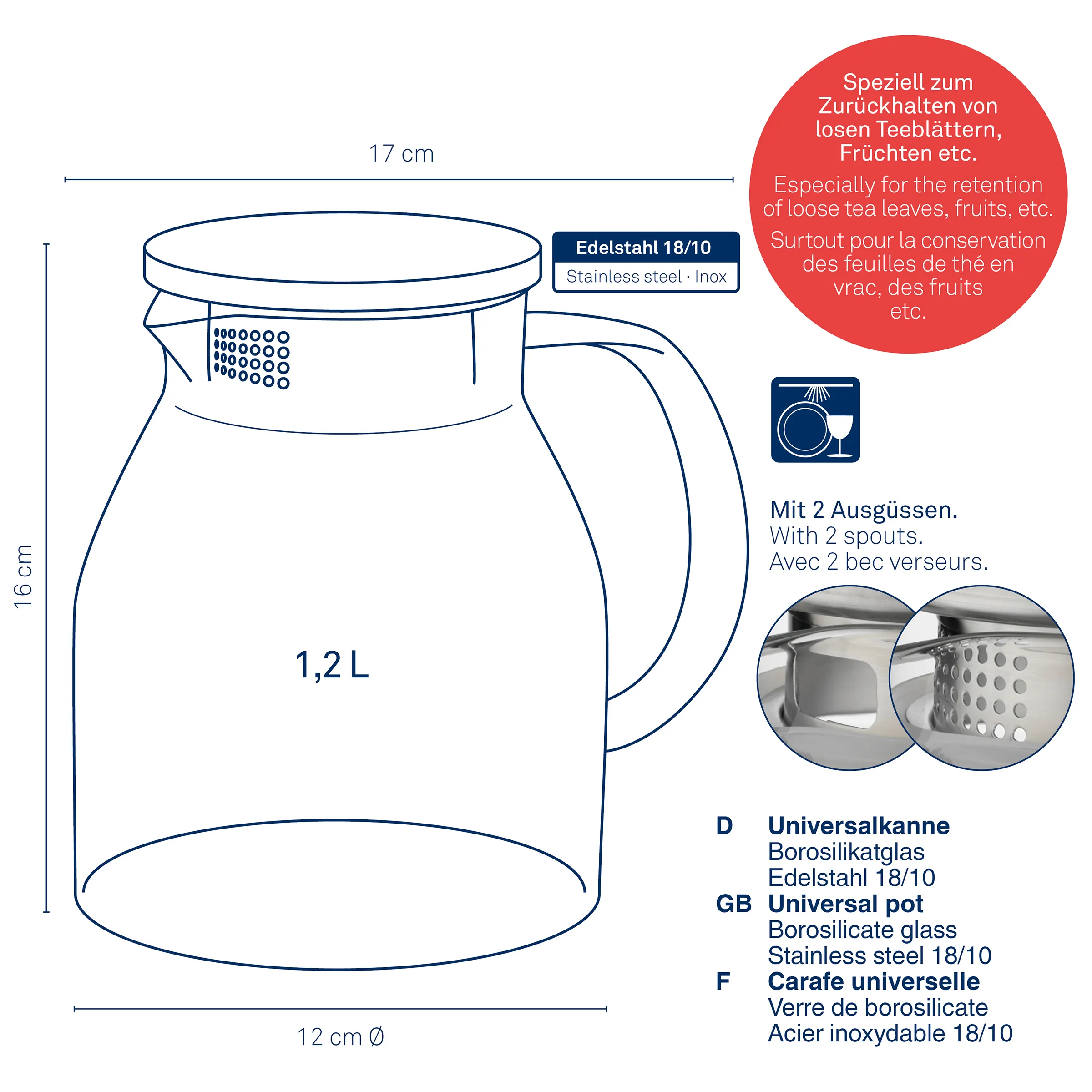 Universalkanne Teekanne Glas Edelstahl 1,2L mit Sieb und 2 Ausgüssen Universalkanne 1,2L aus Borosilikatglas mit Edelstahldeckel, 2 Ausgüssen, 17cm Durchmesser, für lose Teeblätter