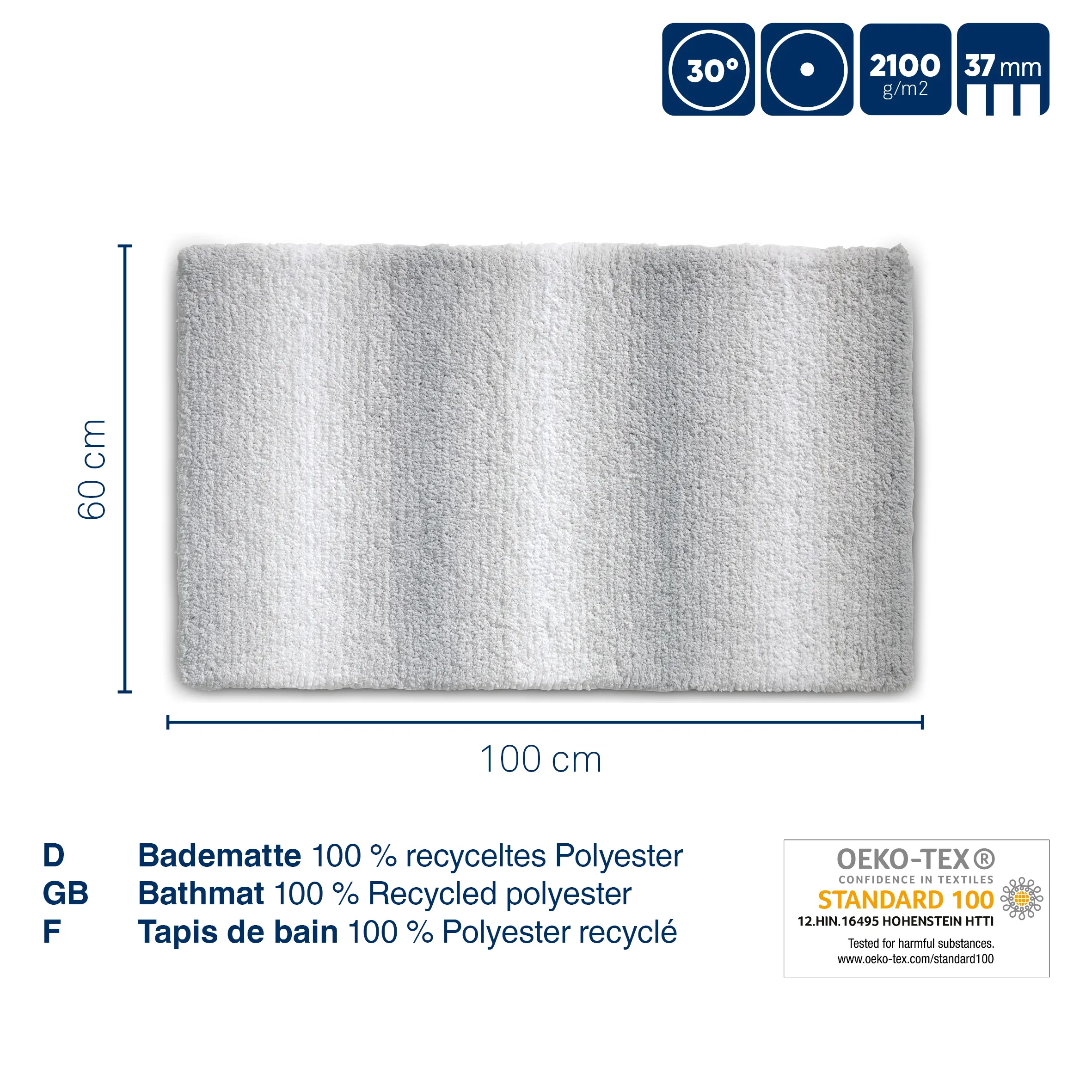 Badematte recyceltes Polyester 100x60 cm Hellgraue Badematte 100x60 cm aus recyceltem Polyester mit 2100 g/m² Gewicht und 37 mm Höhe