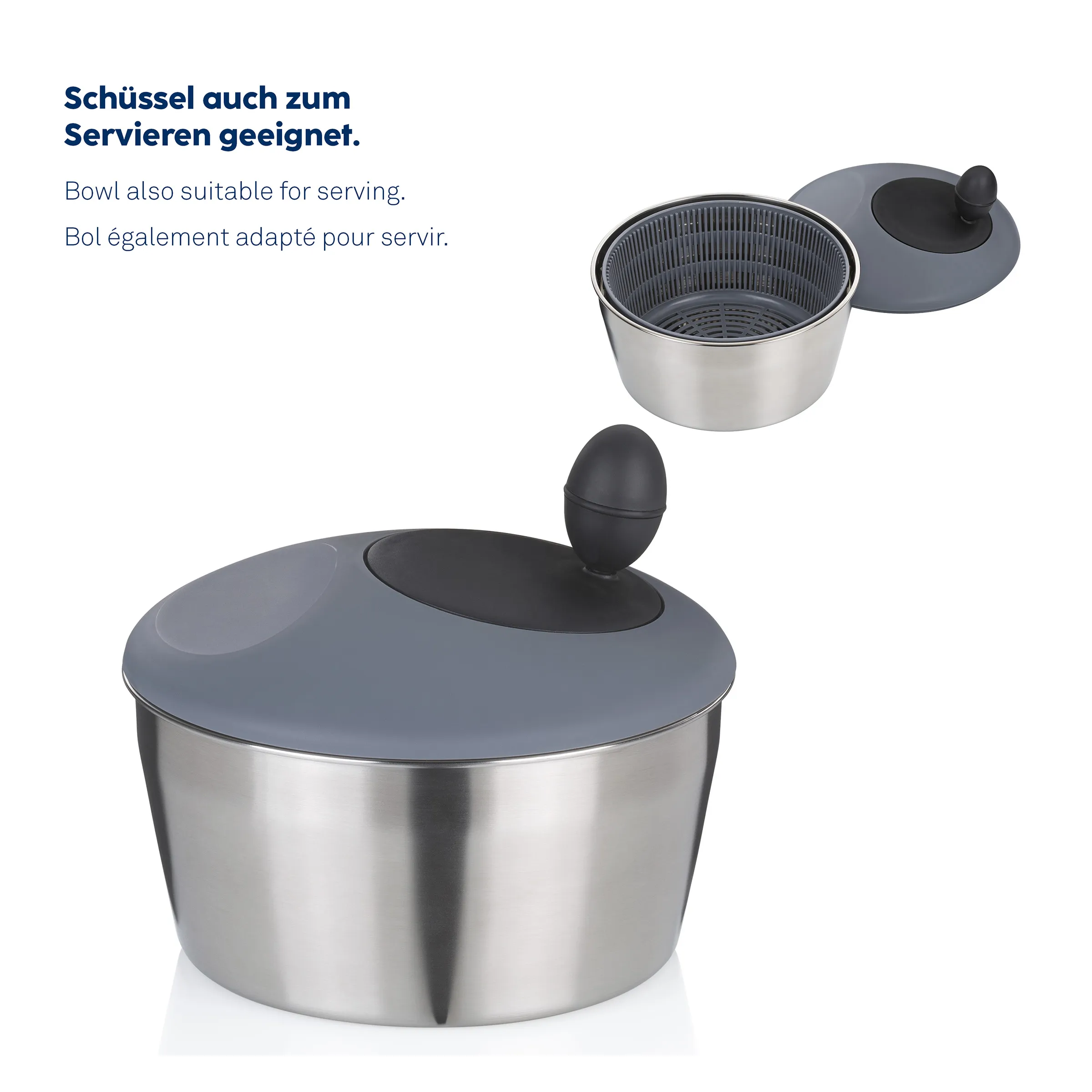Edelstahl Schüsseln Set mit Sieb und Deckel Edelstahl-Schüsseln mit grauen Silikon-Deckeln, eine groß mit Knopf-Griff, eine kleine mit Sieb-Einsatz zum Servieren.