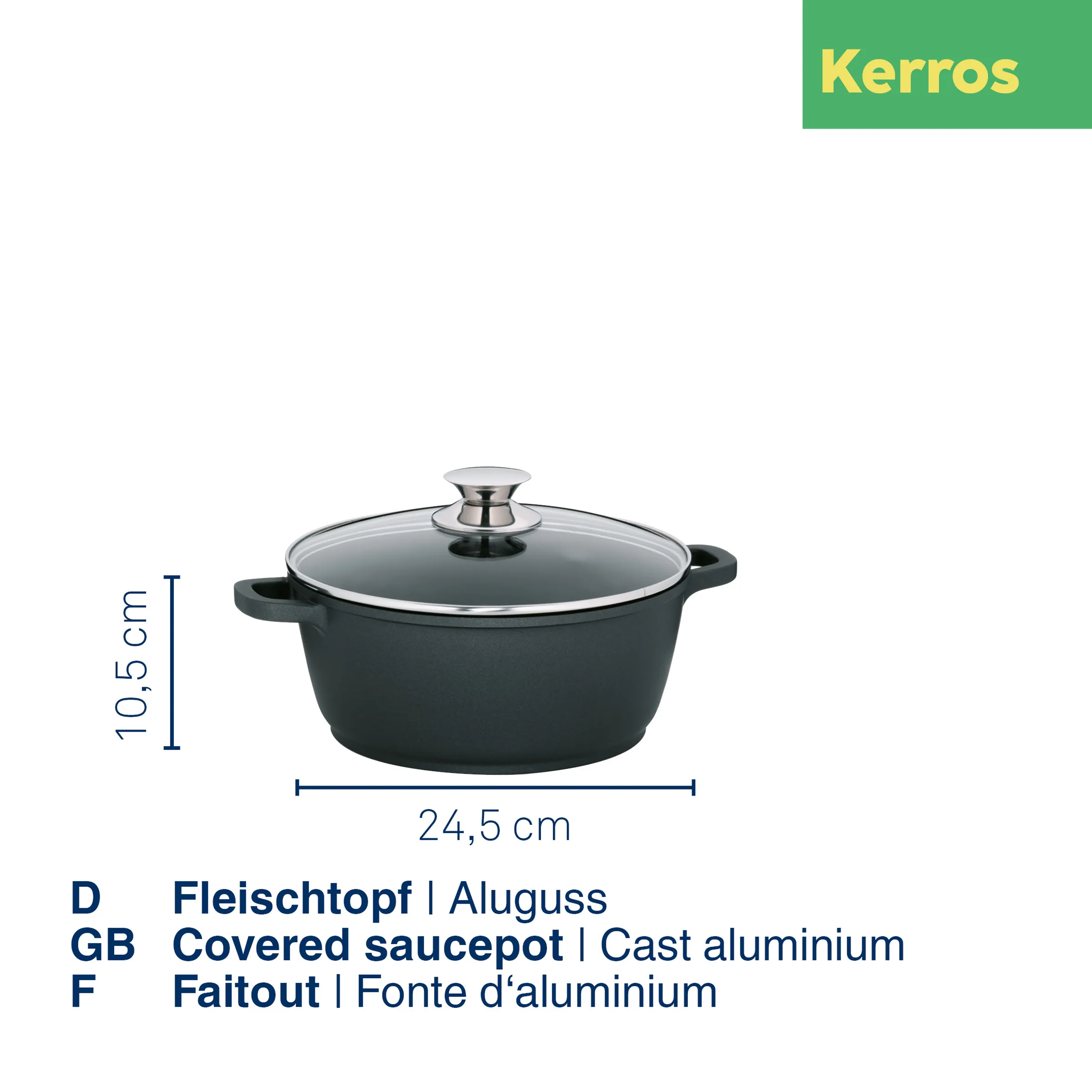 Fleischtopf Aluguss mit Deckel | Kerros Kochgeschirr Schwarzer Aluguss-Fleischtopf mit Glasdeckel, 24,5 cm breit, 10,5 cm hoch, von Kerros