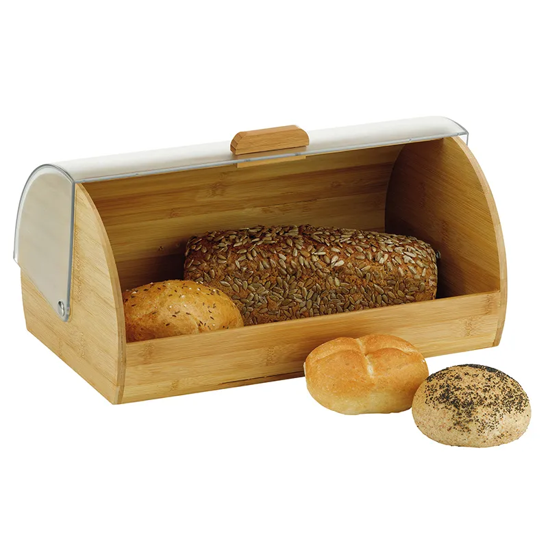 Bambusbrotkaste mit Brotaufbewahrung Bambusbrotkastenbehälter mit aufklappbarem Deckel, gefüllt mit verschiedenen Brotsorten und Brötchen