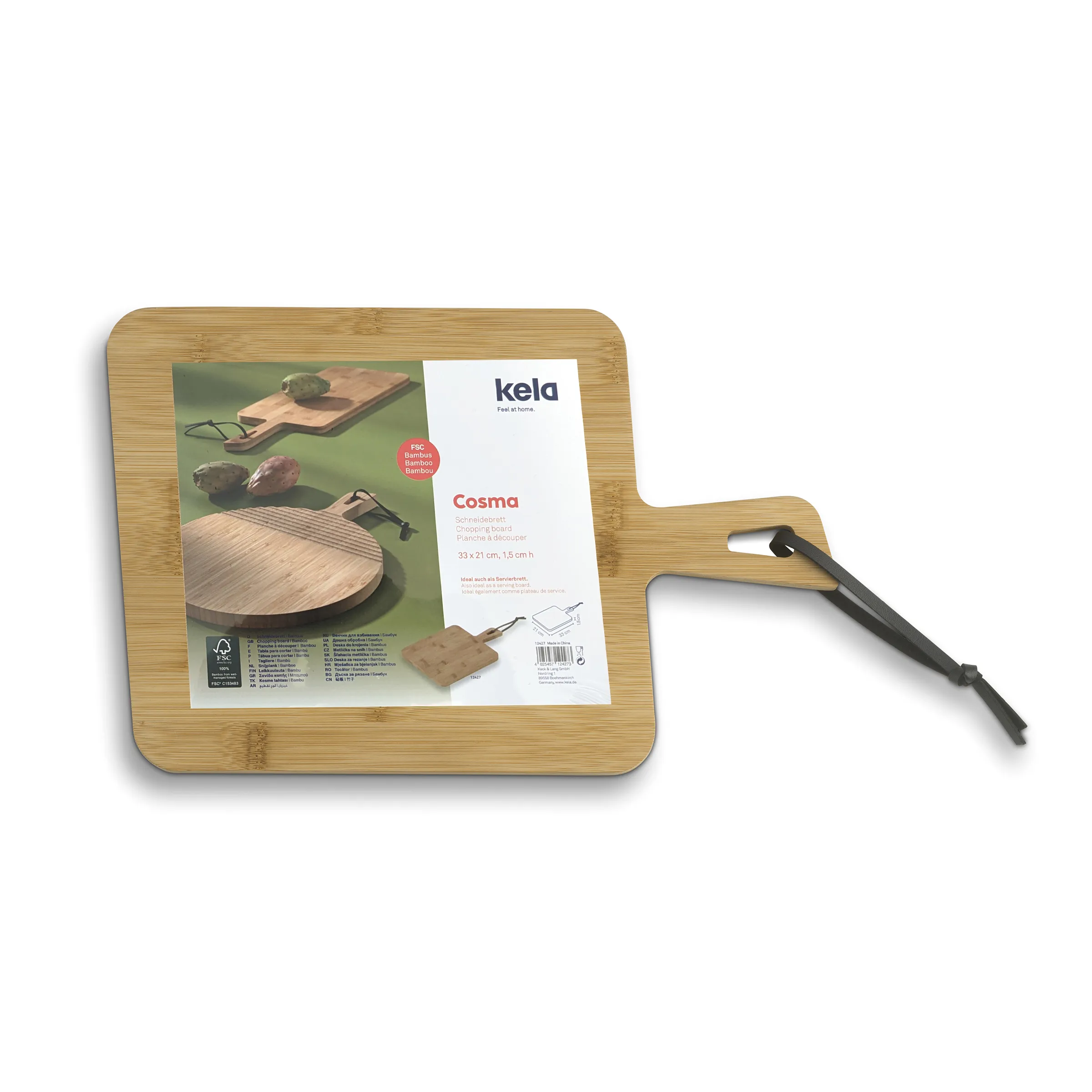 Kela Cosma Bambus-Grillbrett mit schwarzem Griff und Verpackung auf weißem Hintergrund