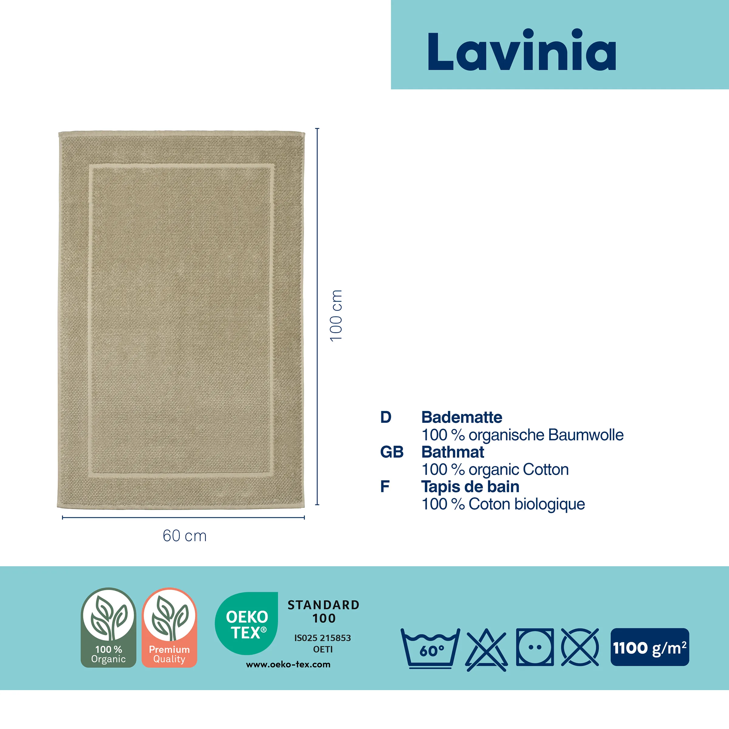 Lavinia Badematte Bio-Baumwolle 60x100 cm Lavinia Badematte aus 100% Bio-Baumwolle, 60x100 cm, sandfarben mit gemustertem Rand