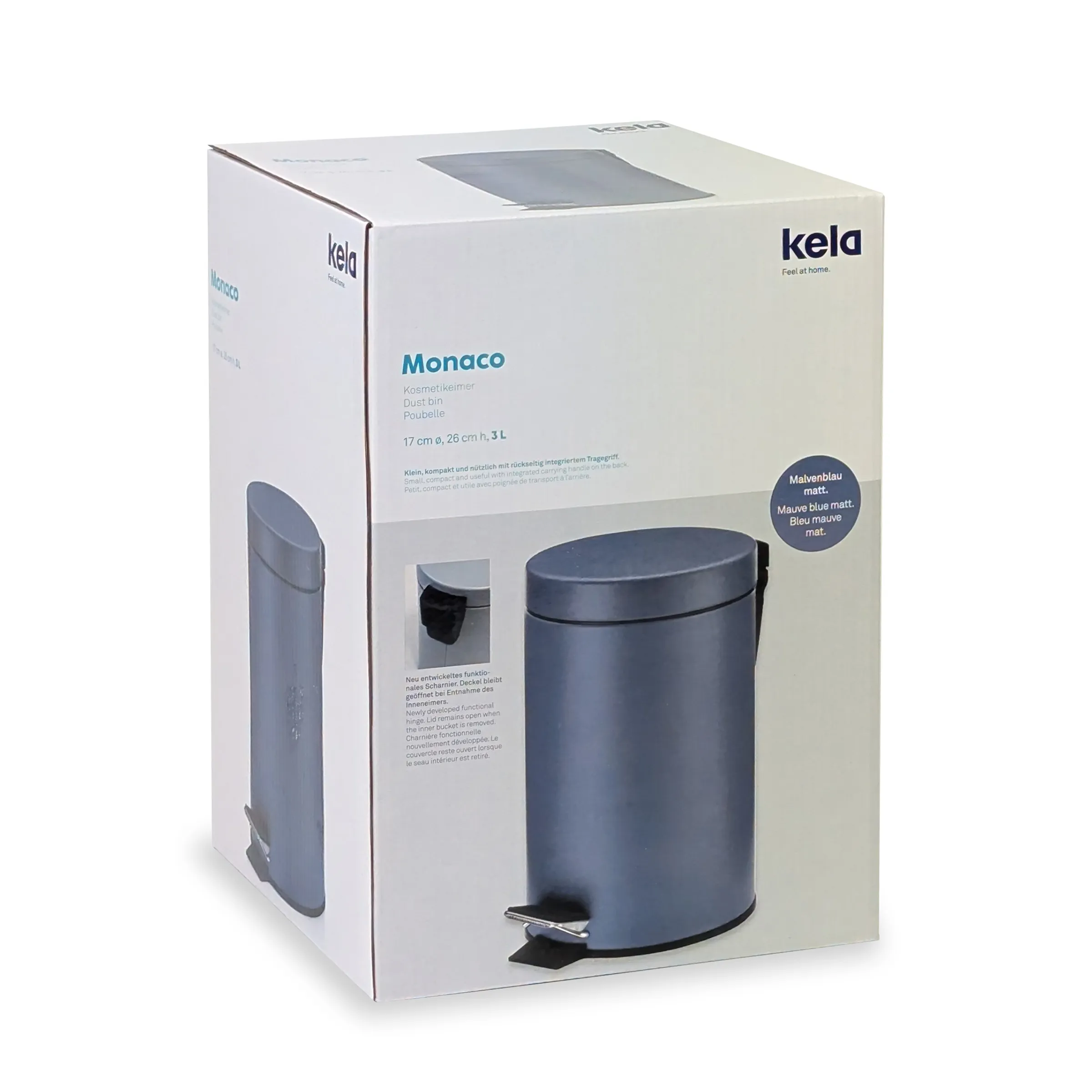 Kela Monaco Treteimer 3 Liter Mülleimer Malvenblau Kela Monaco Mülleimer in Malvenblau matt mit Trittmechanismus, 3 Liter Fassungsvermögen, 17 x 26 cm, in Verpackung.