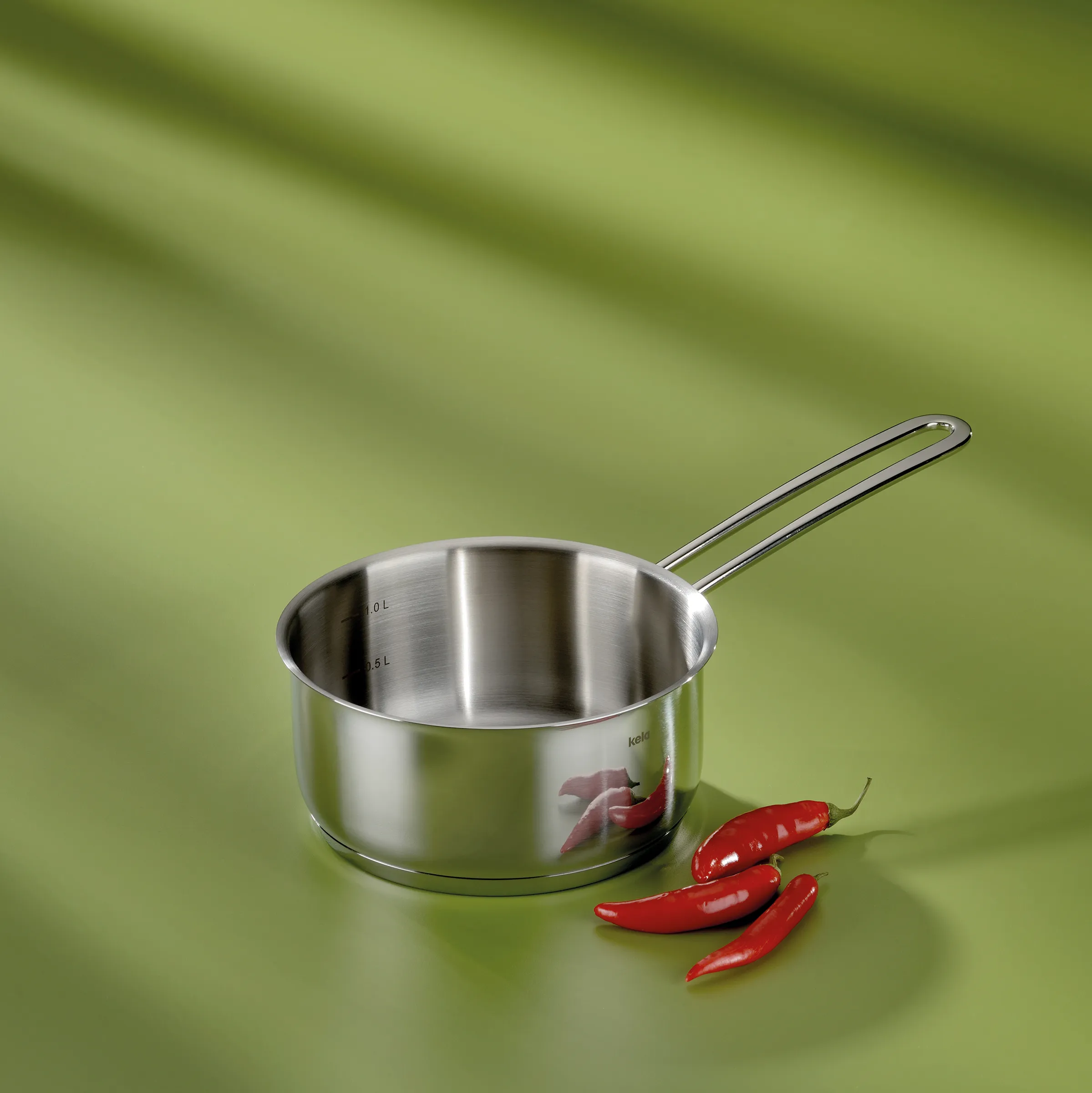 Edelstahl-Stieltopf mit Griff - Hochwertige Kochtöpfe für die Küche Edelstahl-Stieltopf mit langem Griff und roten Chilischoten auf grünem Hintergrund