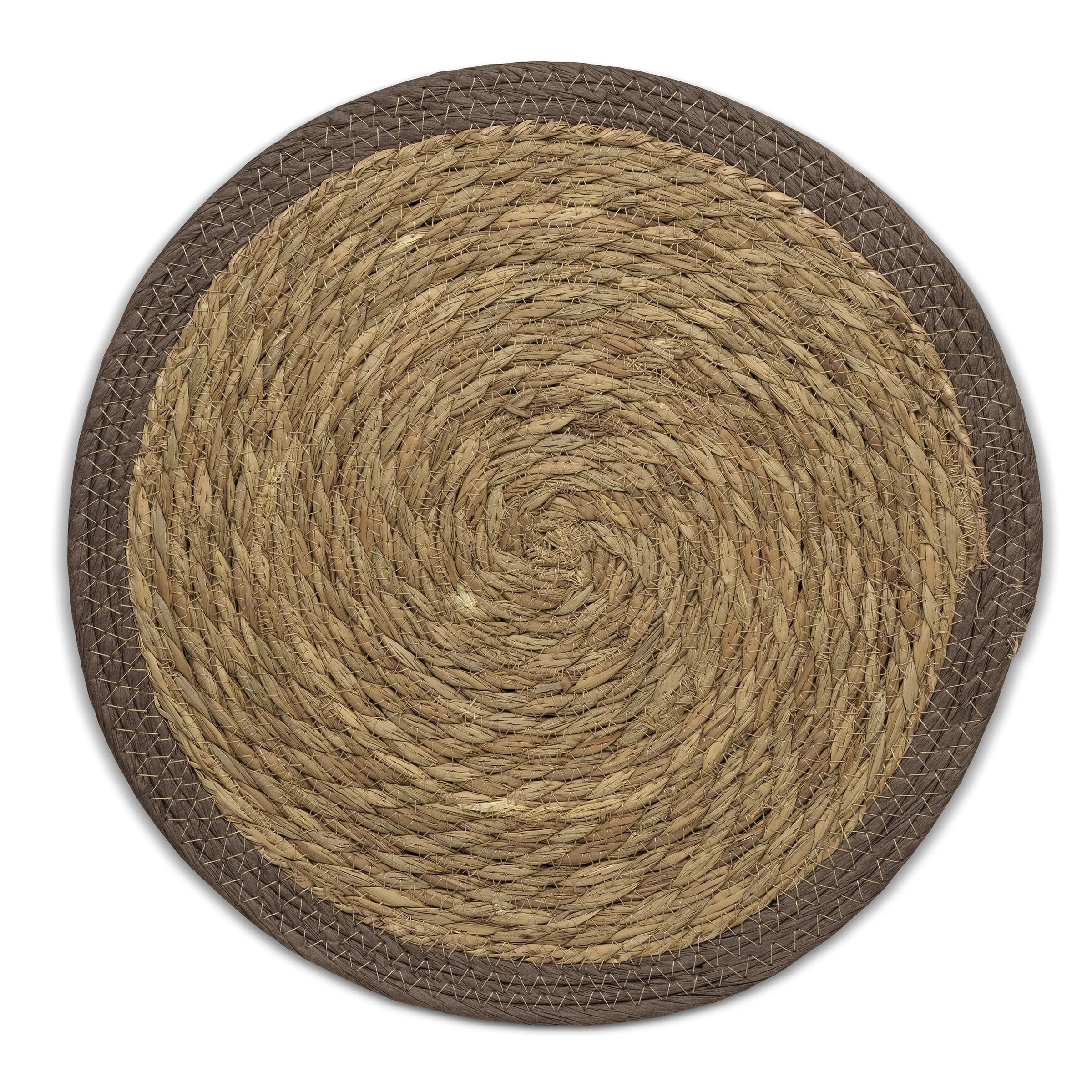Runde Strohplatzdecke mit Spiralmuster Runde Platzdecke aus Naturstroh mit spiralförmigem Muster und dunkelbraunem Rand aus Kunststoff