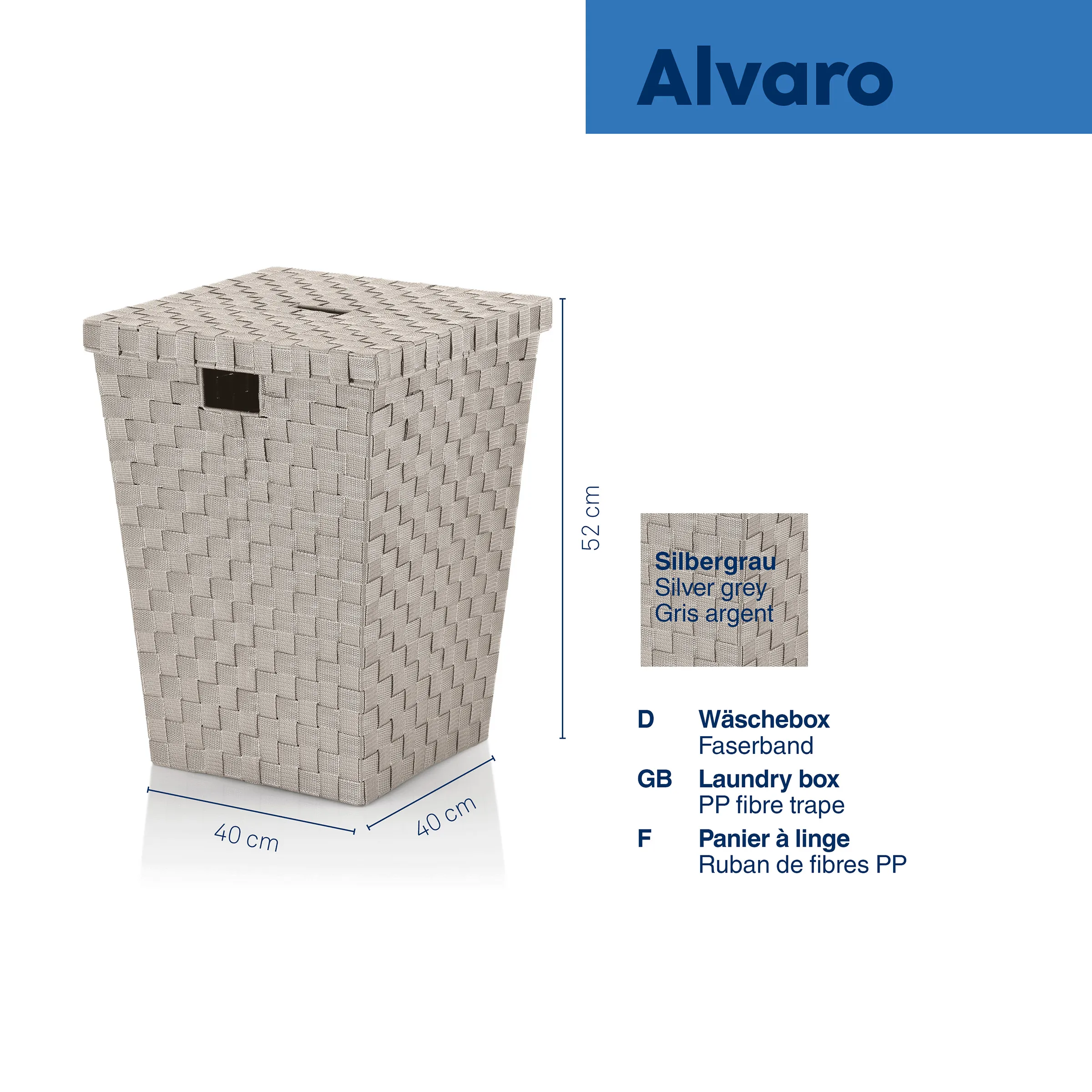 Alvaro Wäschebox Silbergrau - Faserband Wäschekorb Alvaro Wäschebox in Silbergrau aus PP-Faserband, 40x40x52 cm mit Deckel und Henkel