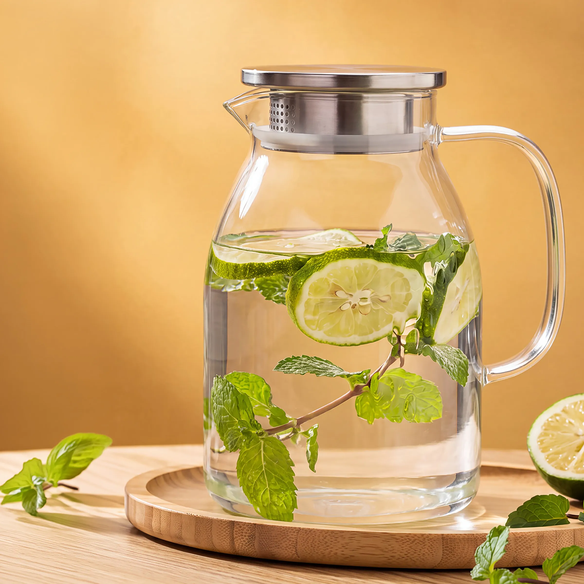 Teekanne Glas mit Edelstahlfilter - Moderne Teebereitung Glaskanne mit Edelstahlfilter und Deckel, gefüllt mit Tee, umgeben von Minze und Zuckerkristallen auf blauem Hintergrund