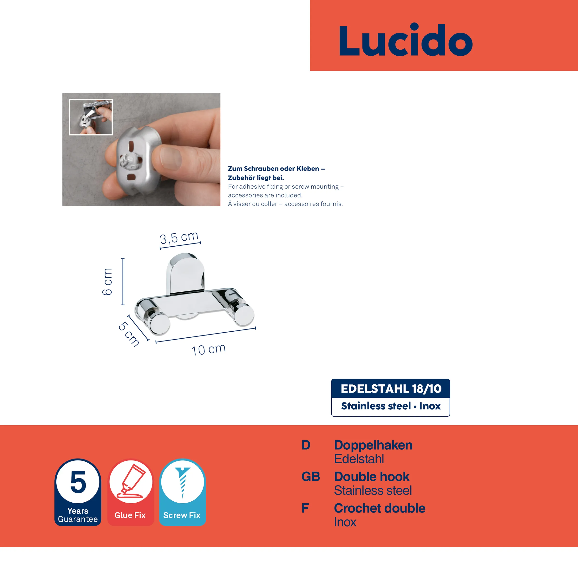Lucido Doppelhaken Edelstahl - Badezimmer Wandhaken Lucido Doppelhaken aus Edelstahl 18/10 mit Befestigungszubehör, Maße 10 x 5 cm, Höhe 6 cm, geeignet zum Schrauben oder Kleben
