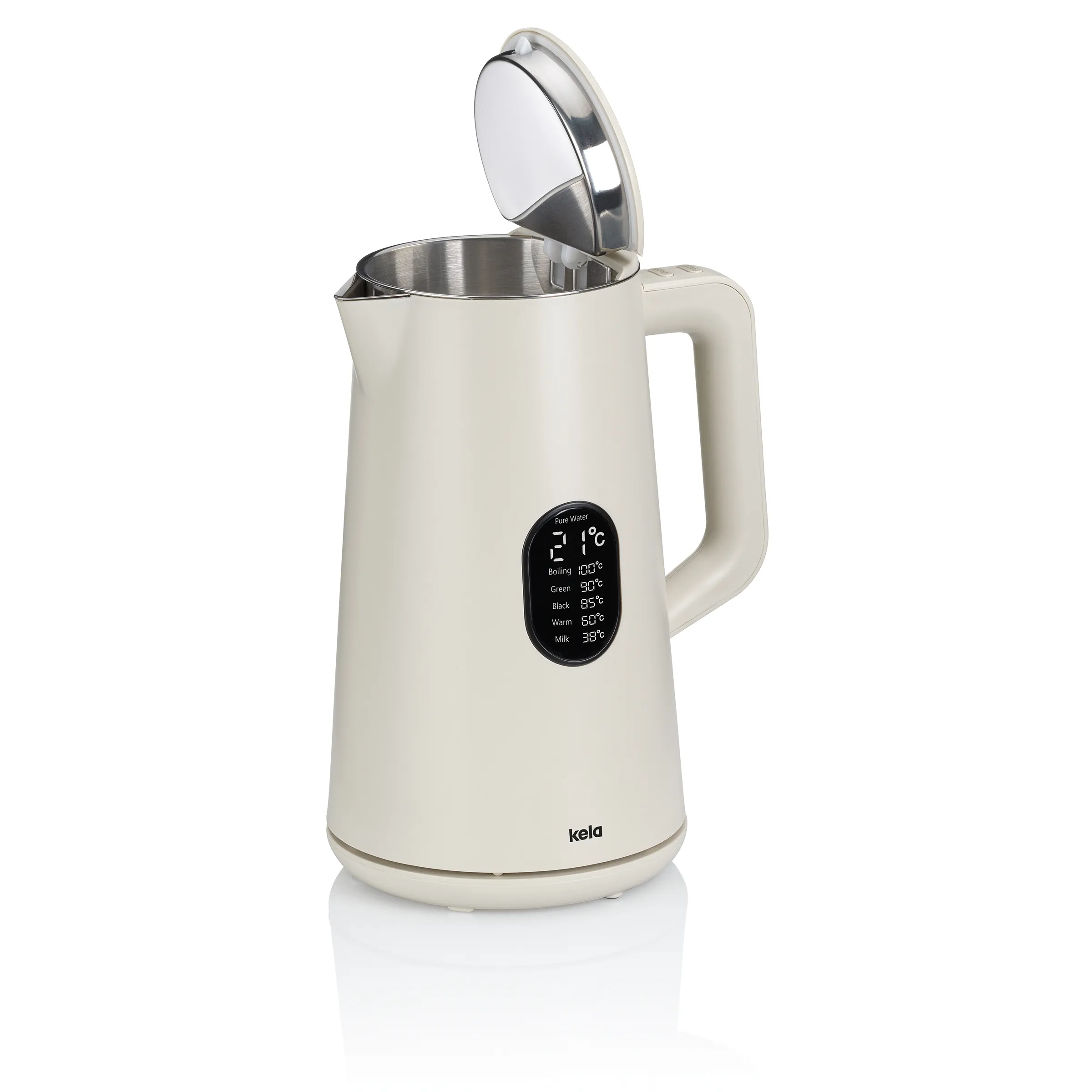 Digitaler Wasserkocher mit Temperaturregelung – kela Cremefarbener digitaler Wasserkocher mit Edelstahl-Innenbehälter, Temperaturanzeige im Display und Voreinstellungen für verschiedene Teearten