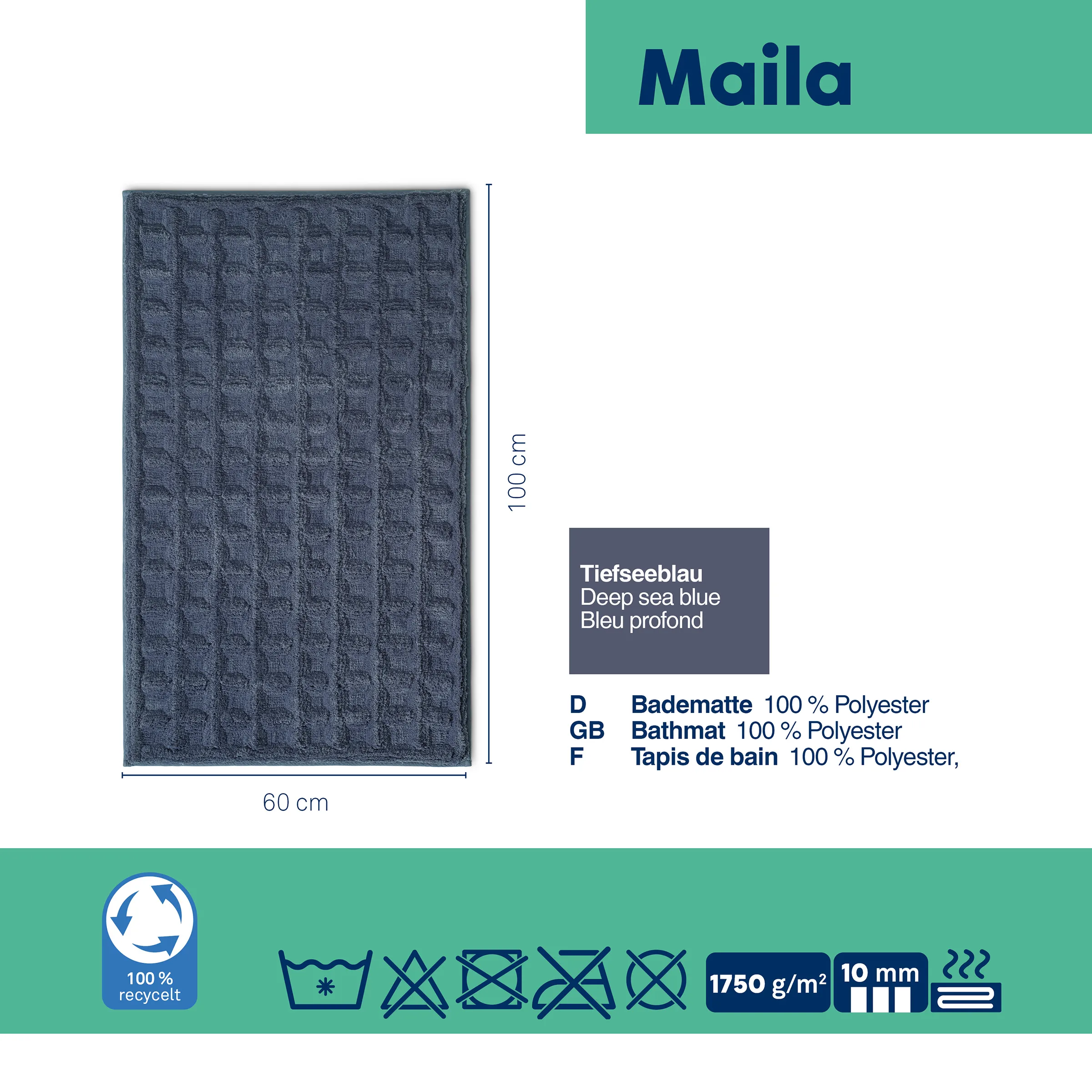 Maila Badematte Tiefseeblau 60x100 cm - recyceltes Polyester Badteppich Maila Badematte Tiefseeblau 60x100 cm aus 100% recyceltem Polyester mit strukturierter Oberfläche