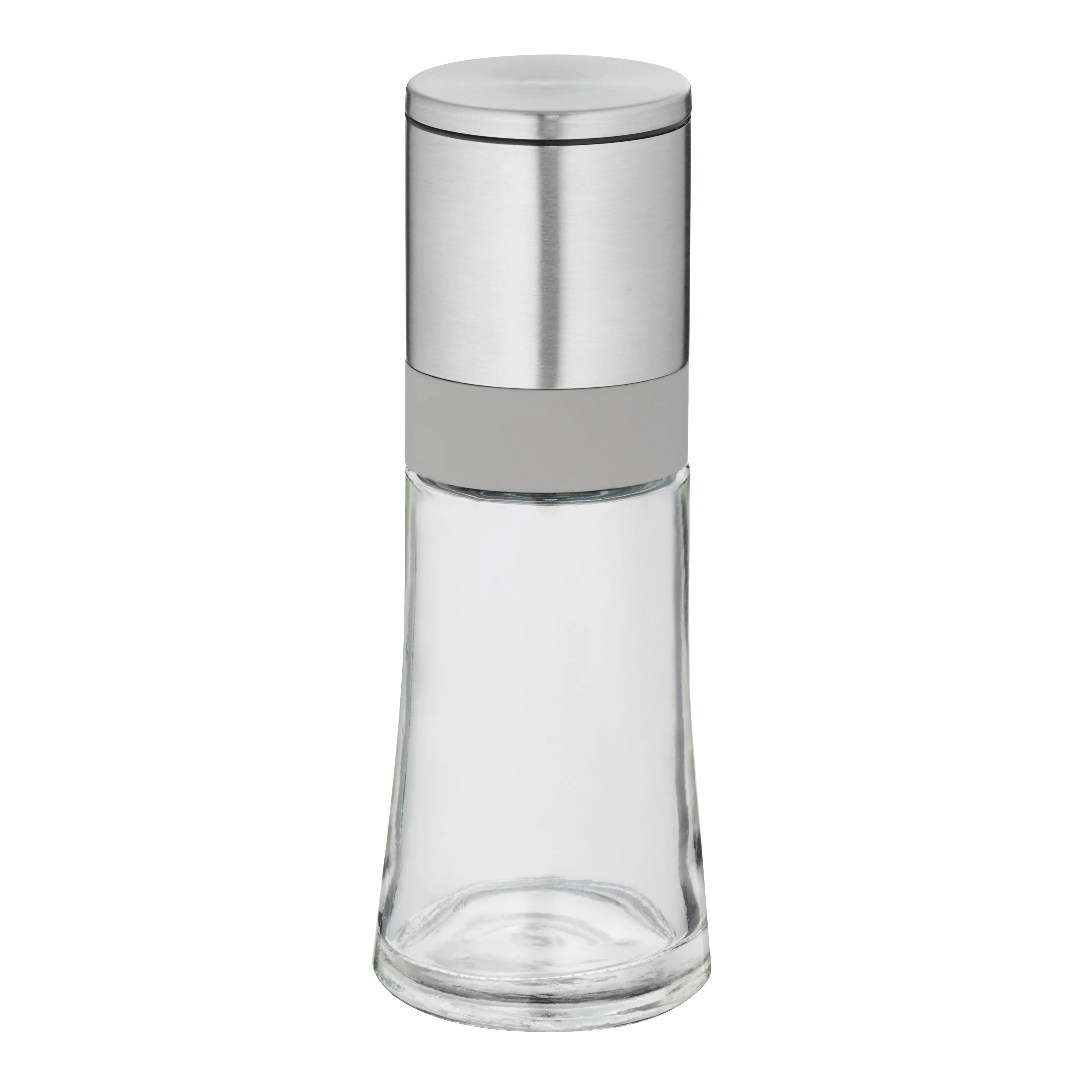 Gewürzstreuer aus Glas mit Edelstahl-Deckel Glaskörper mit Edelstahl-Deckel und grauem Kunststoffband, modernes Gewürzstreuer-Design mit zylindrischer Form