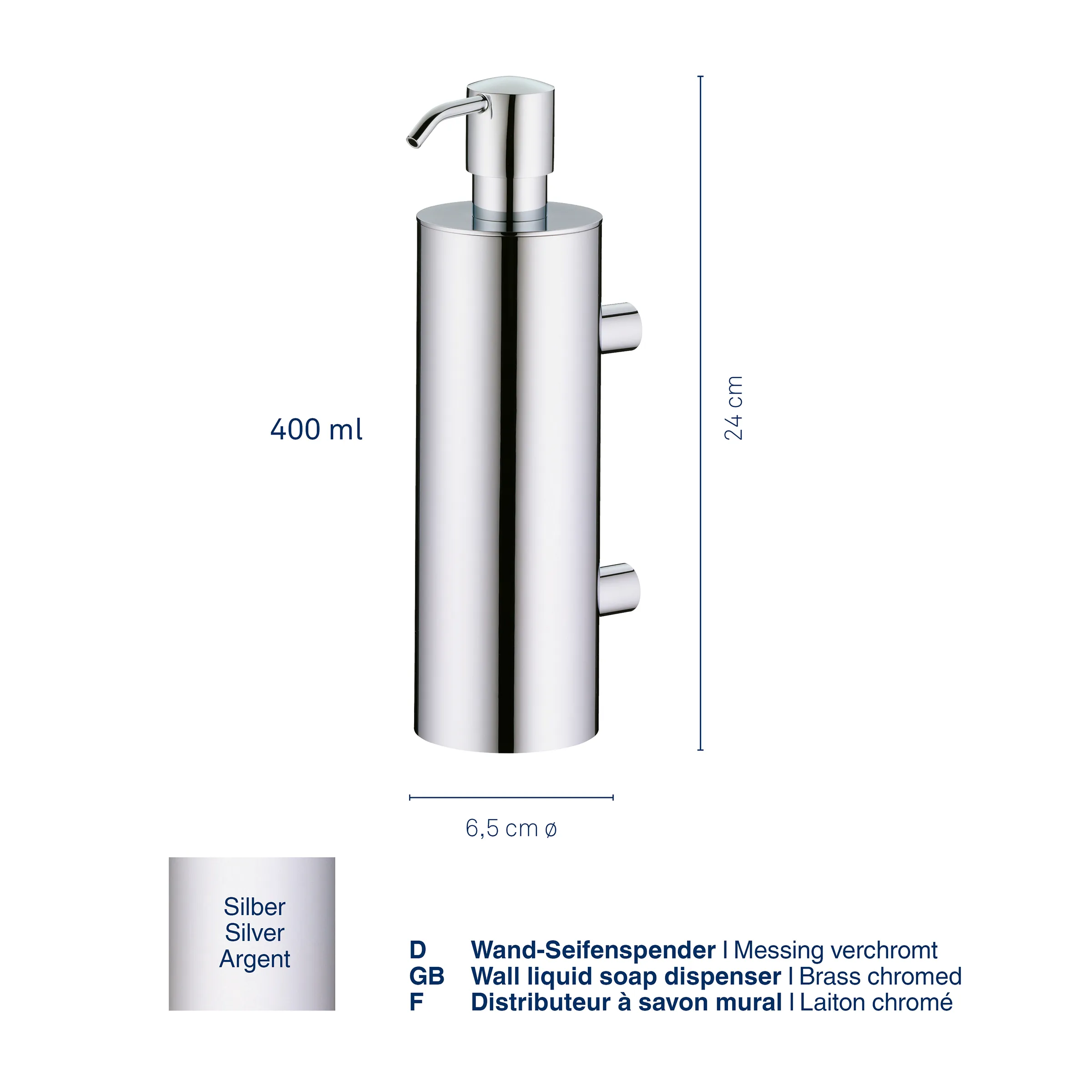 Wand-Seifenspender aus verchromtem Messing, 400 ml Fassungsvermögen, 24 cm hoch, 6,5 cm Durchmesser, Silber