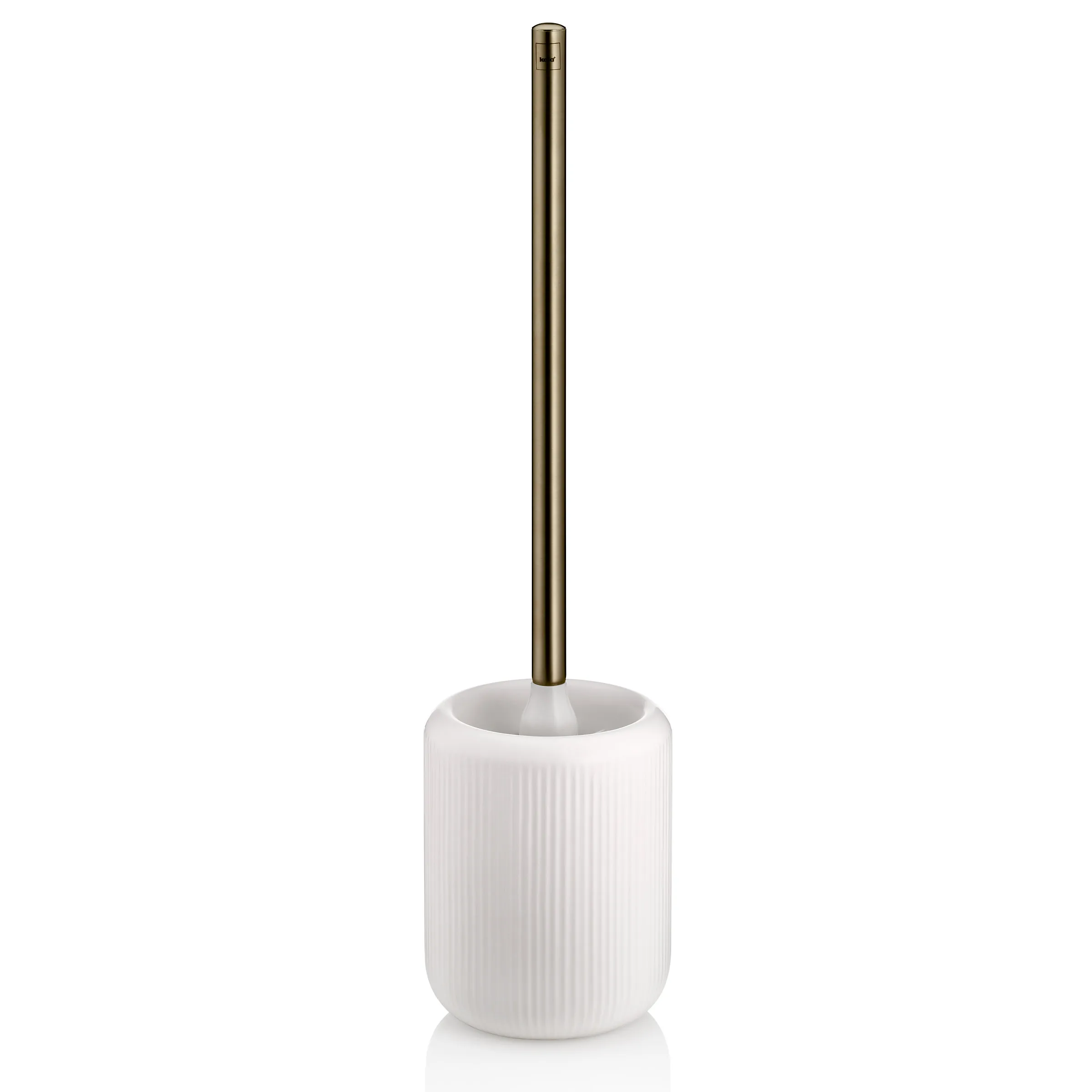 Toilettenbürste mit weißem Keramikhalter und goldenem Griff, geriffelte Oberfläche, freistehend