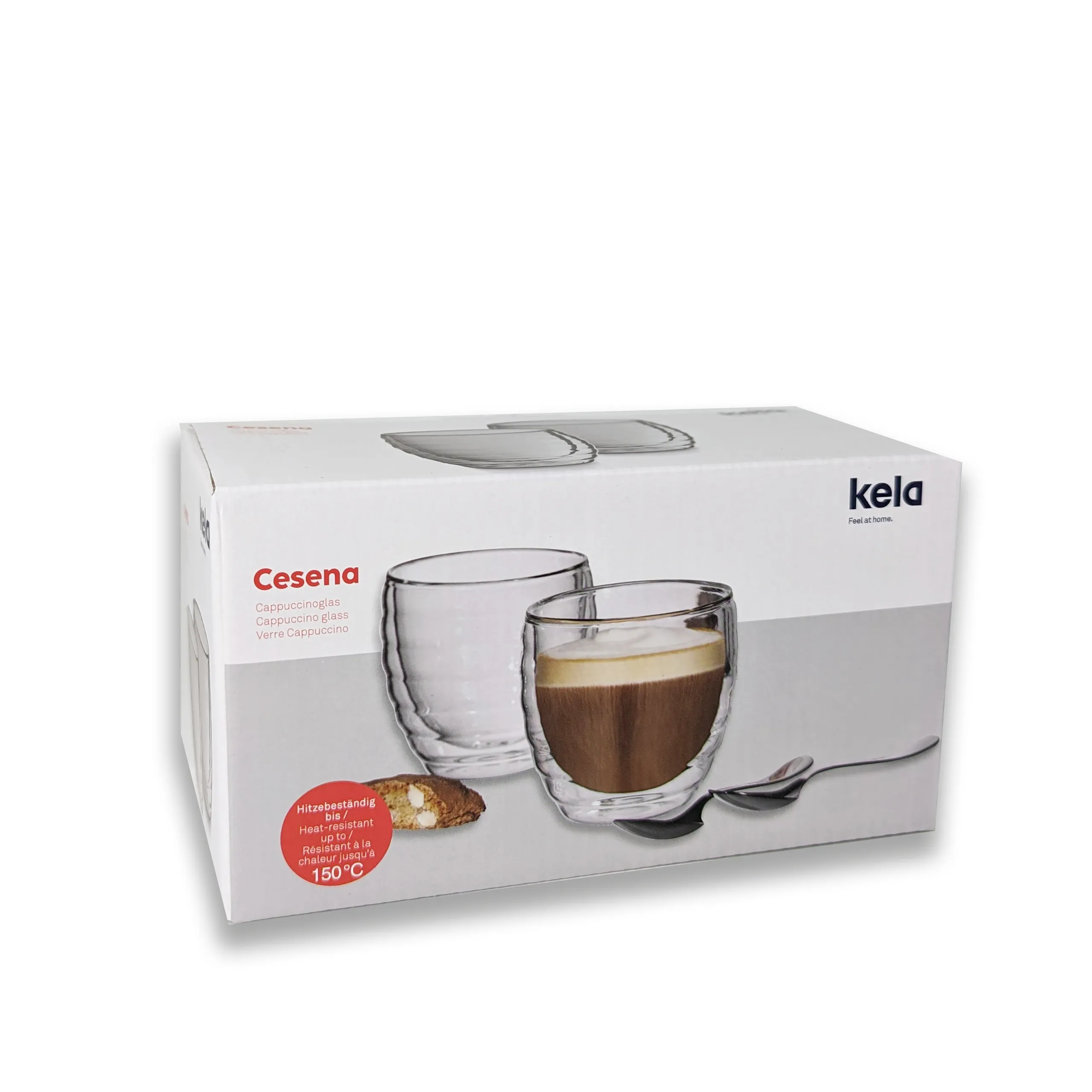 Cesena Cappuccino Gläser doppelwandig - Kela Thermogläser Kela Cesena Cappuccinogläser: Doppelwandige Thermogläser mit Kaffeeportion und Verpackung, hitzebeständig bis 150°C