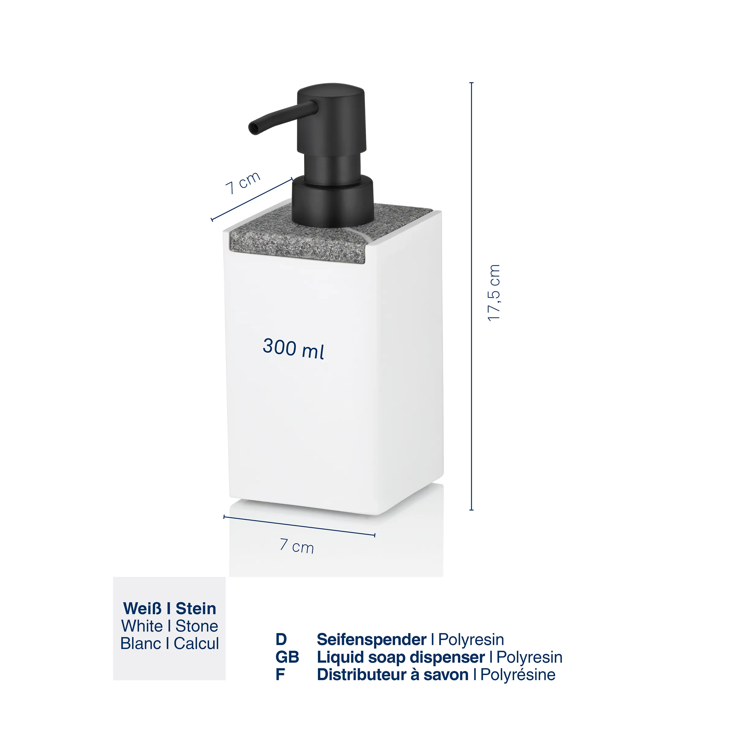 Weiße Seifenspender mit Steinoberfläche, schwarzem Kunststoffpumpenaufsatz, 300 ml Fassungsvermögen, 17,5 cm Höhe