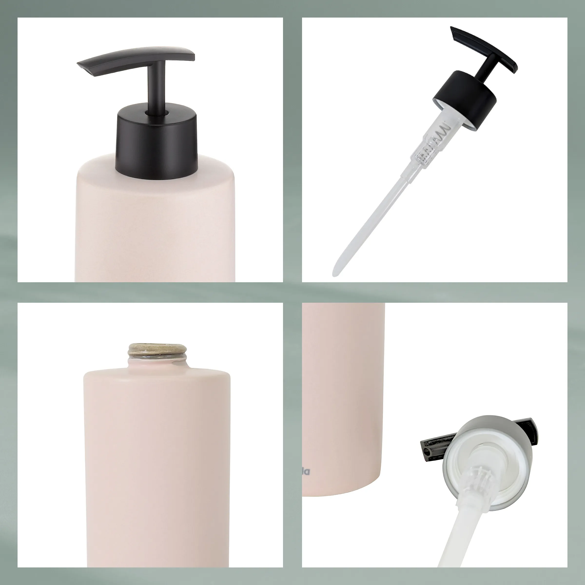 Pumpflaschen Seifenspender Set mit Dosierpumpe Vier Bilder zeigen ein Pumpflaschenset: Seifenspender, Dosierpumpe, Behälter und Pumpenaufsatz in Beige und Schwarz.