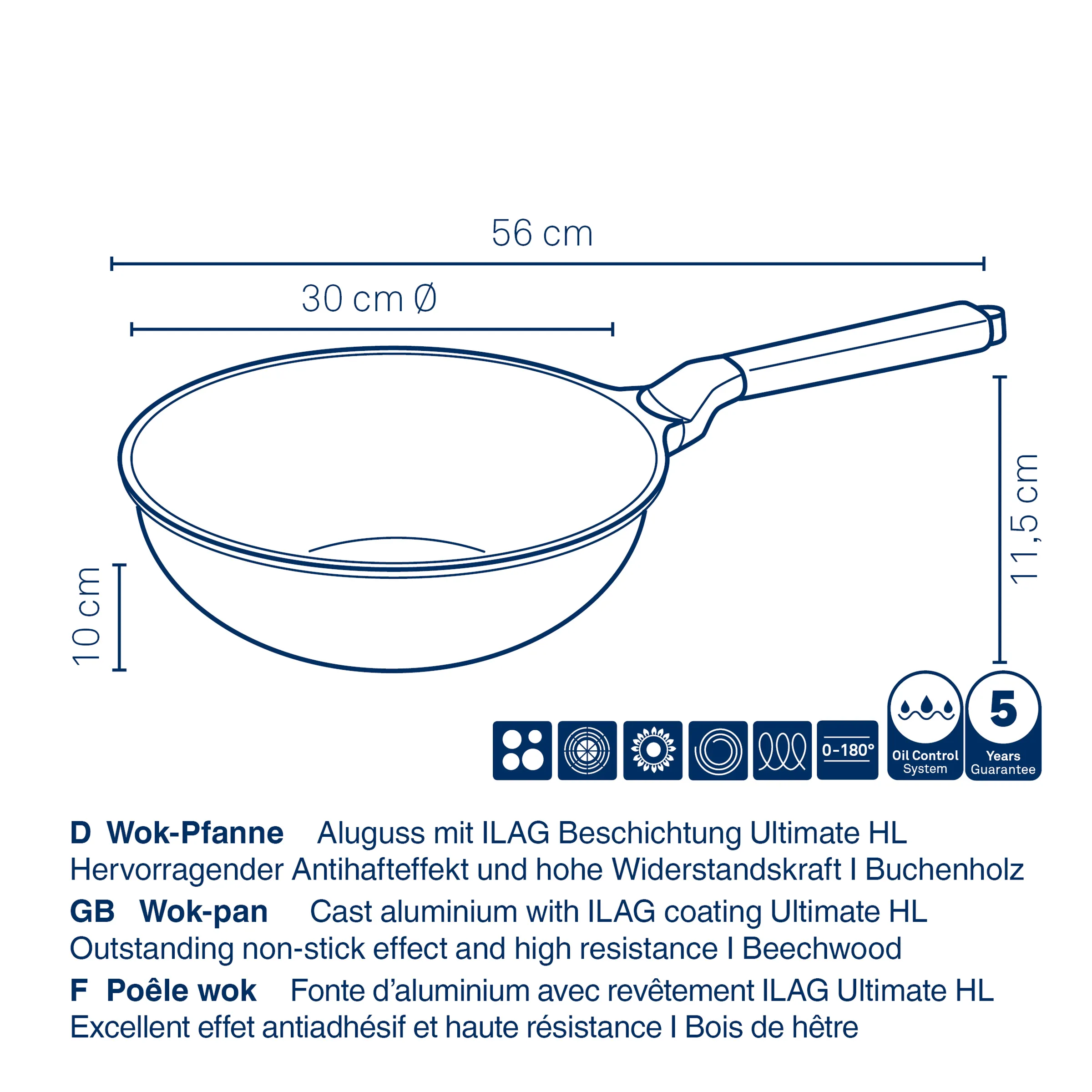 Wok-Pfanne Aluguss 30 cm ILAG Beschichtung Beechwood Wok-Pfanne mit 30 cm Durchmesser, 56 cm Gesamtlänge und 11,5 cm Höhe. Aluguss mit ILAG Beschichtung, Buchenholzgriff.