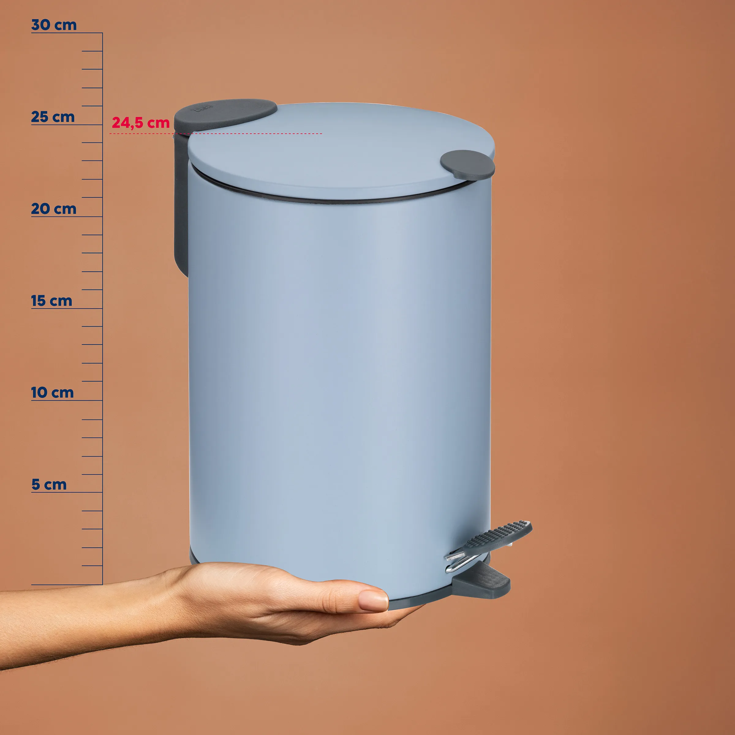 Treteimer 20 Liter Abfalleimer mit Deckel Blauer Treteimer mit Deckel und Griffen, neben einer Messskala von 5-30 cm, Durchmesser 24,5 cm