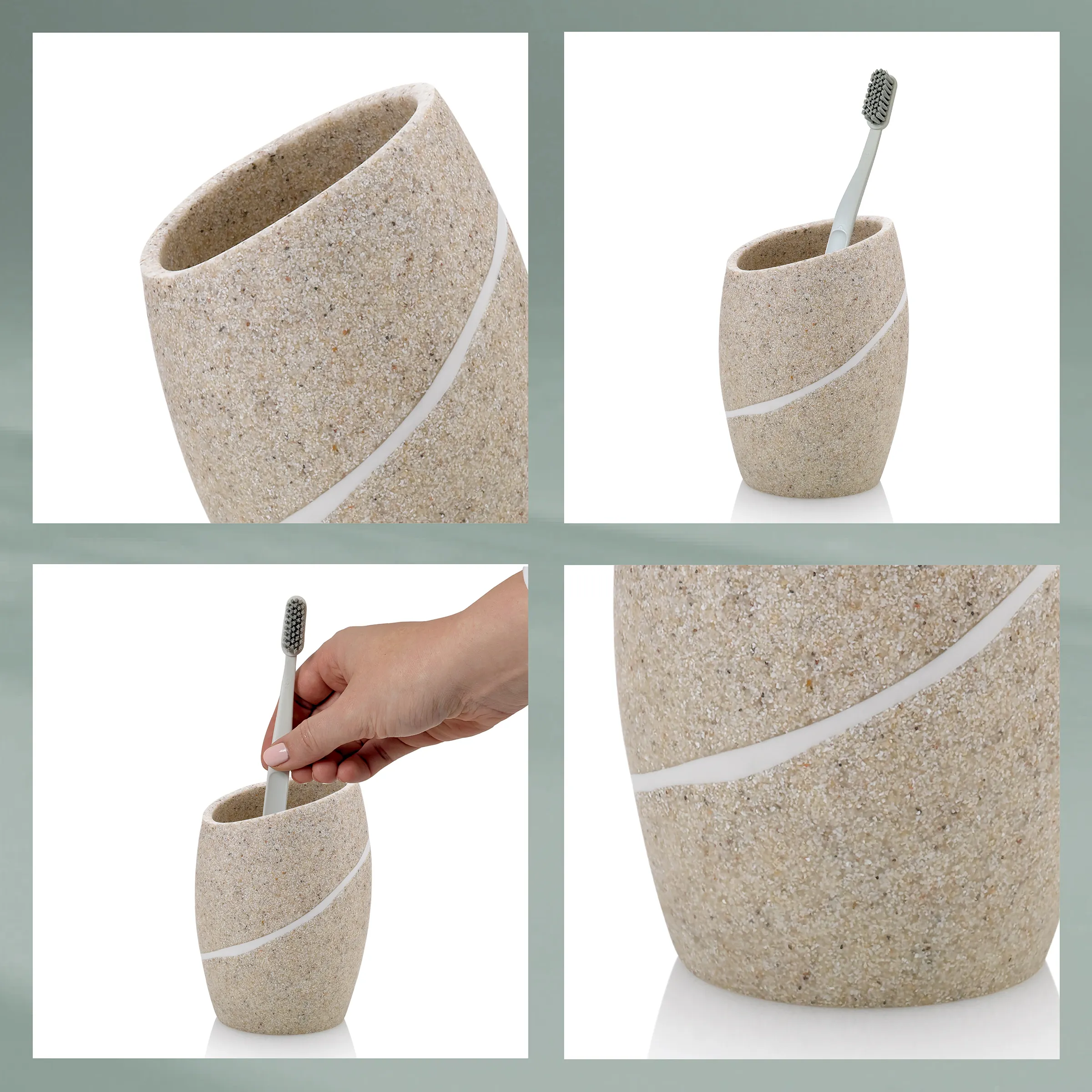 Sandsteinfarbener Zahnbürstenbecher mit weißem Diagonalstreifen, handgefertigt aus natürlichem Material