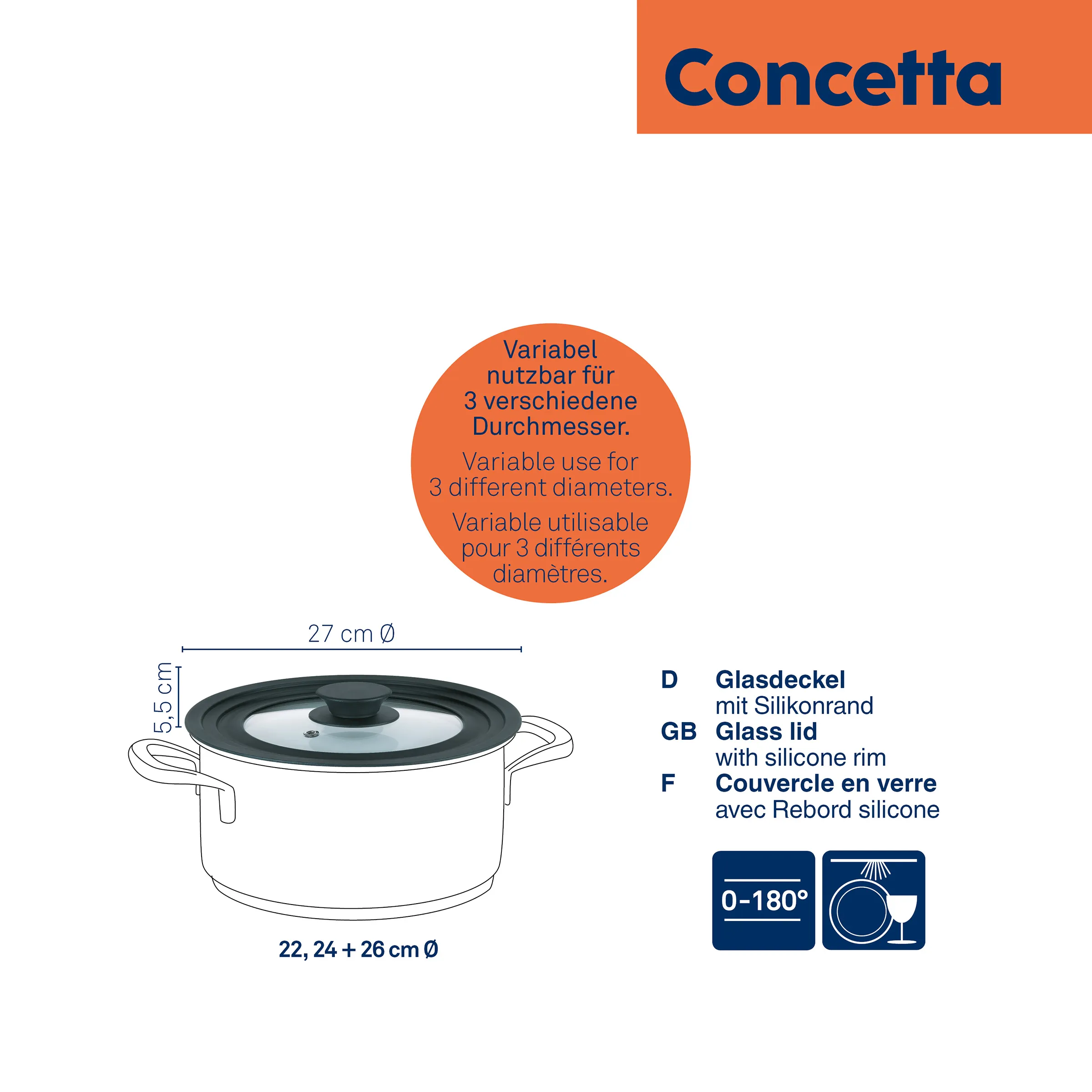 Concetta Glasdeckel mit Silikonrand - variabler Topfdeckel Concetta Glasdeckel mit Silikonrand für Töpfe, variable Nutzung für 27 cm und 22, 24, 26 cm Durchmesser.