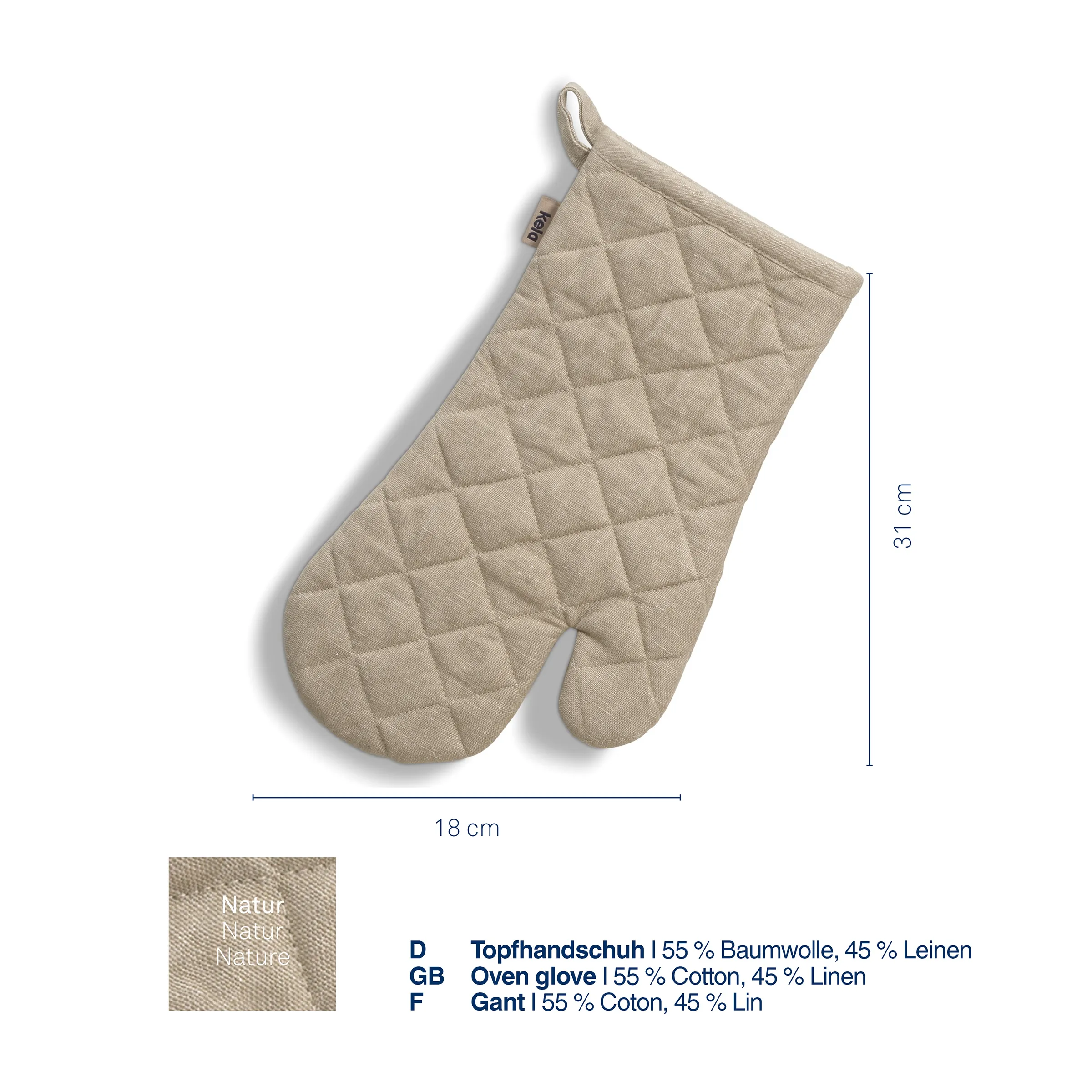 Topfhandschuh Baumwolle Leinen gesteppt Beige gesteppter Topfhandschuh aus Baumwolle und Leinen mit Aufhängeschlaufe, Größe 31 x 18 cm