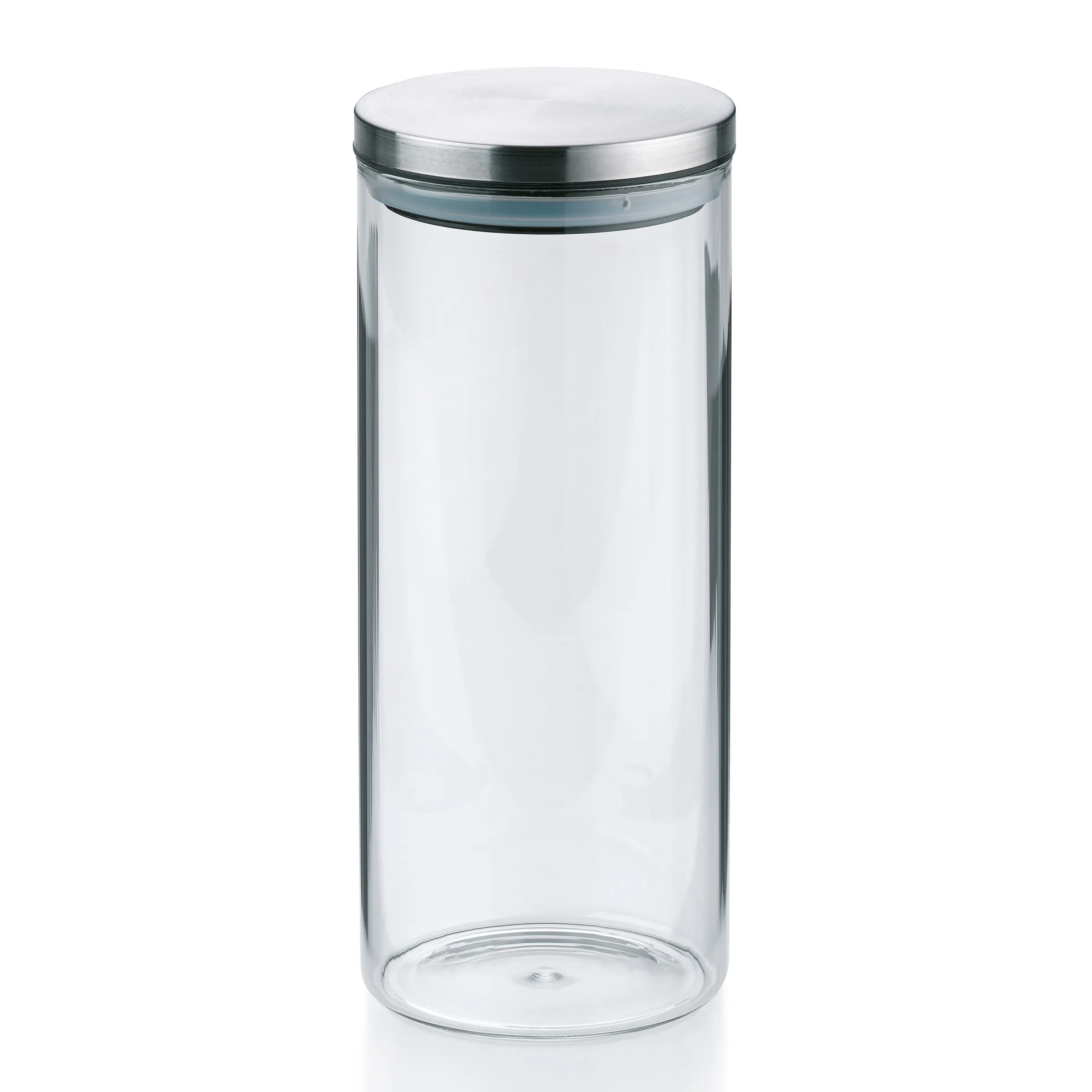Vorratsglas mit Edelstahldeckel – Luftdichter Glasbehälter für Küche Zylindrischer Vorratsbehälter aus transparentem Glas mit Edelstahldeckel vor weißem Hintergrund