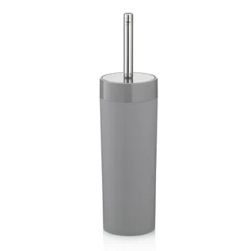 Graue Toilettenbürste mit langem Metallstiel und ovalem Behälter