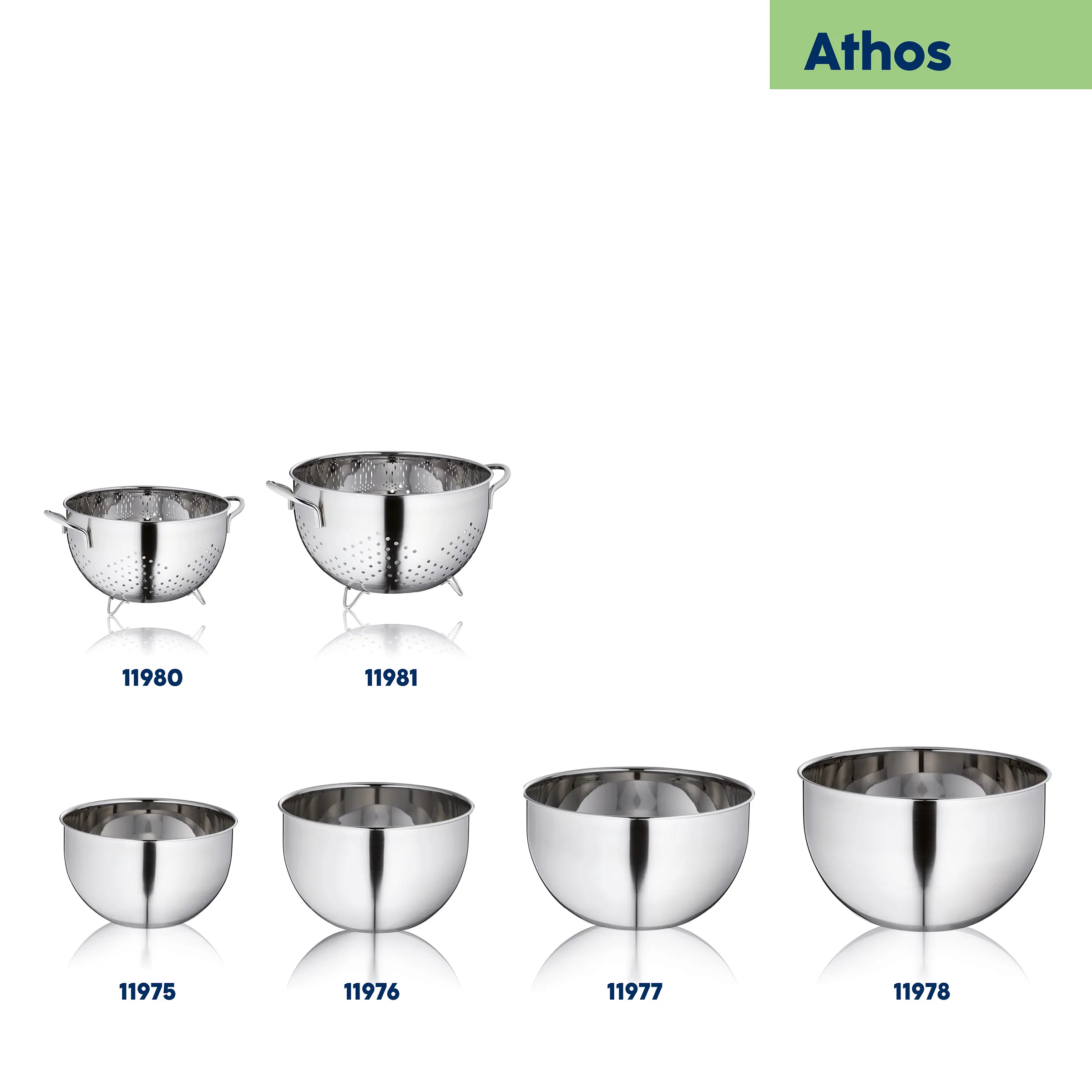 Athos Küchensiebe und Rührschüsseln Edelstahl Set Athos Küchensiebe und Rührschüsseln in verschiedenen Größen: zwei Siebe (11980, 11981) und vier Schüsseln (11975-11978) aus poliertem Edelstahl.