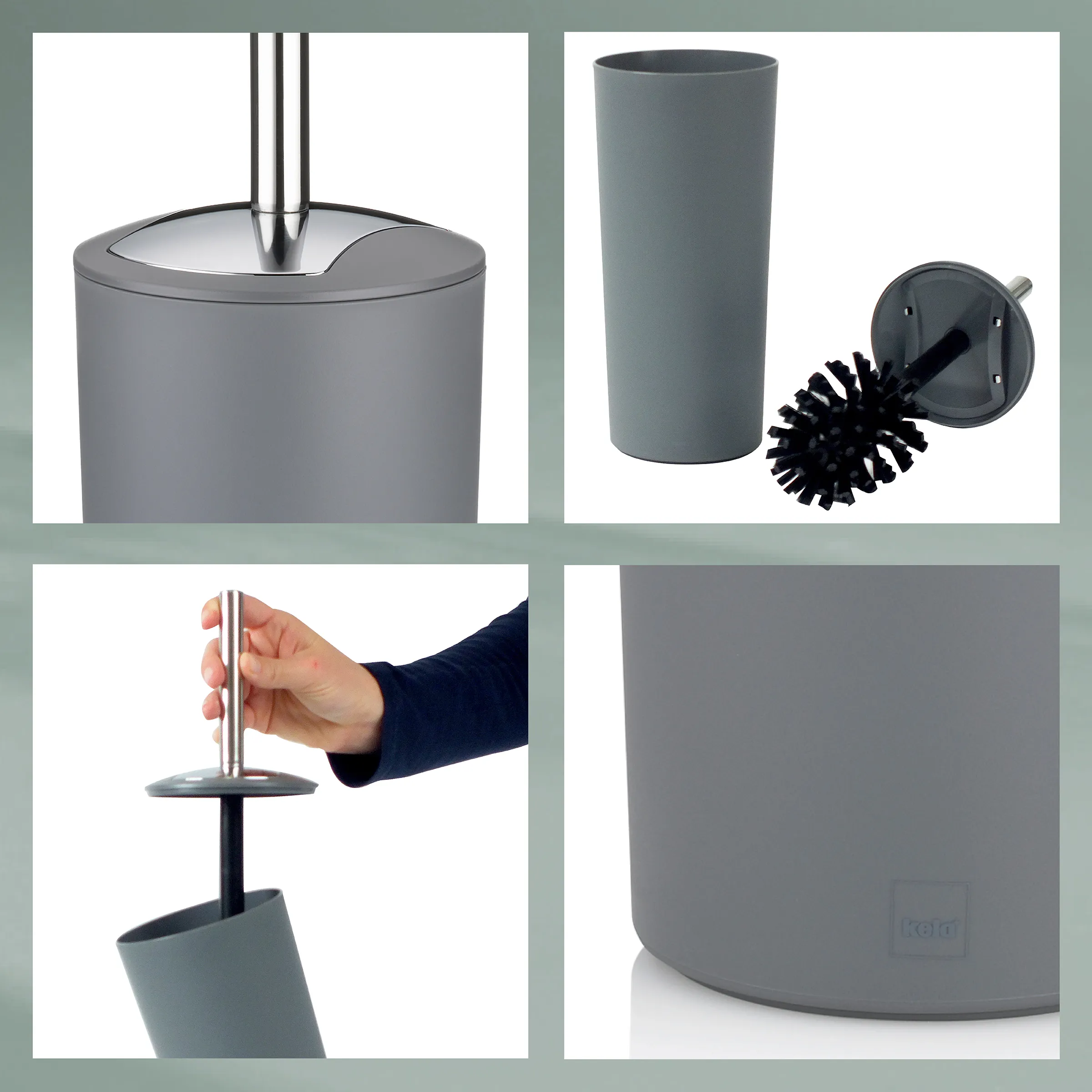 Graue Toilettenbürste mit Behälter: Gesamtansicht, Bürste mit Halter, Bedienungsdetail und Produktansicht