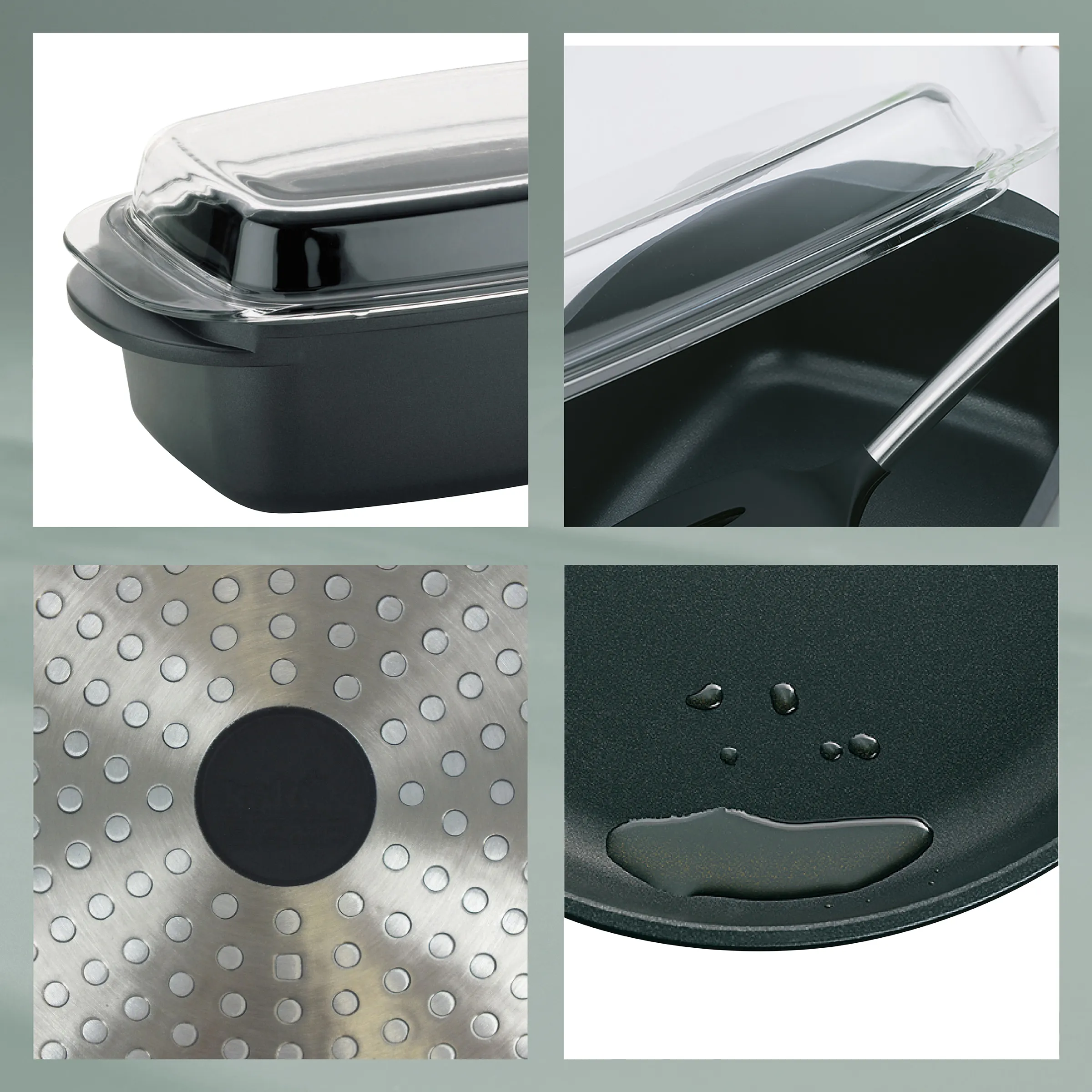 Ovale schwarze Schüssel mit transparentem Deckel, Griff und perforierter Metall-Kochplatte mit Wassertropfen