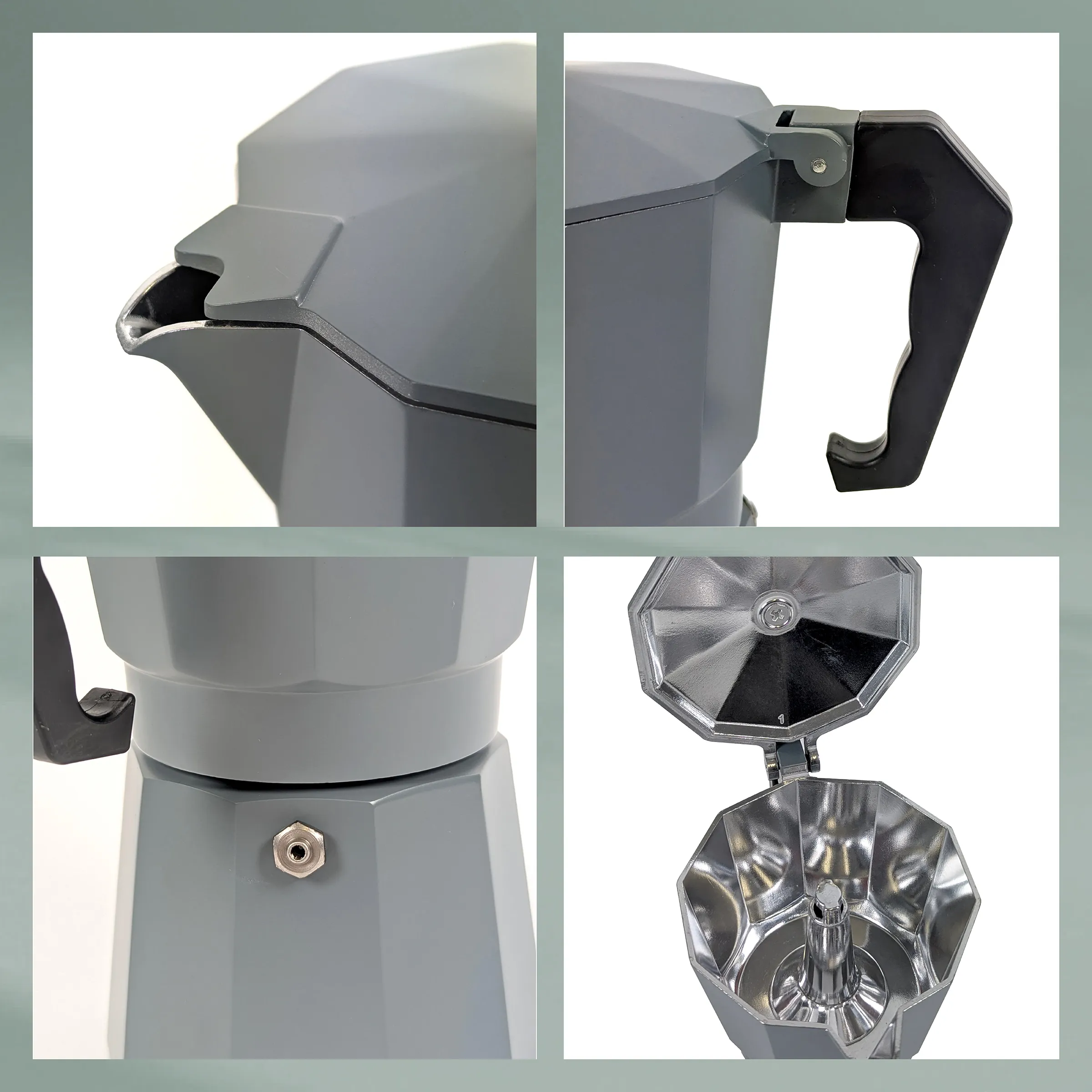 Espressokanne Grau - Detailansicht Ausguss, Griff und Filter Graue Espressokanne Detailansicht: Ausguss, Griff, Dichtungsring und geöffneter Brühkopf mit Filter