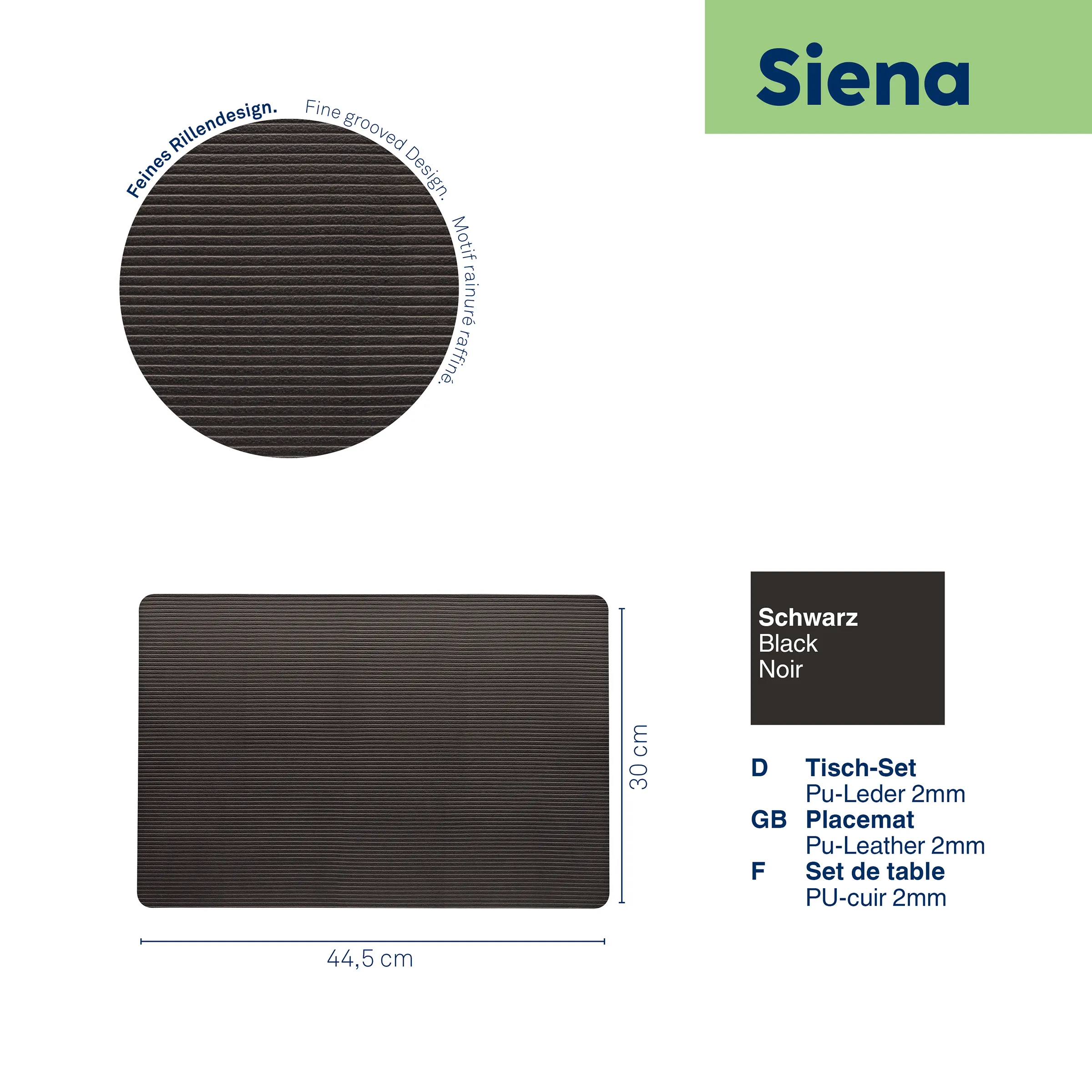 Siena Tischset Schwarz PU-Leder 2mm Rillendesign Platzset 44,5x30cm Siena schwarze Tischset aus PU-Leder mit feiner Rillenstruktur, 44,5 x 30 cm, runde Detailansicht oben