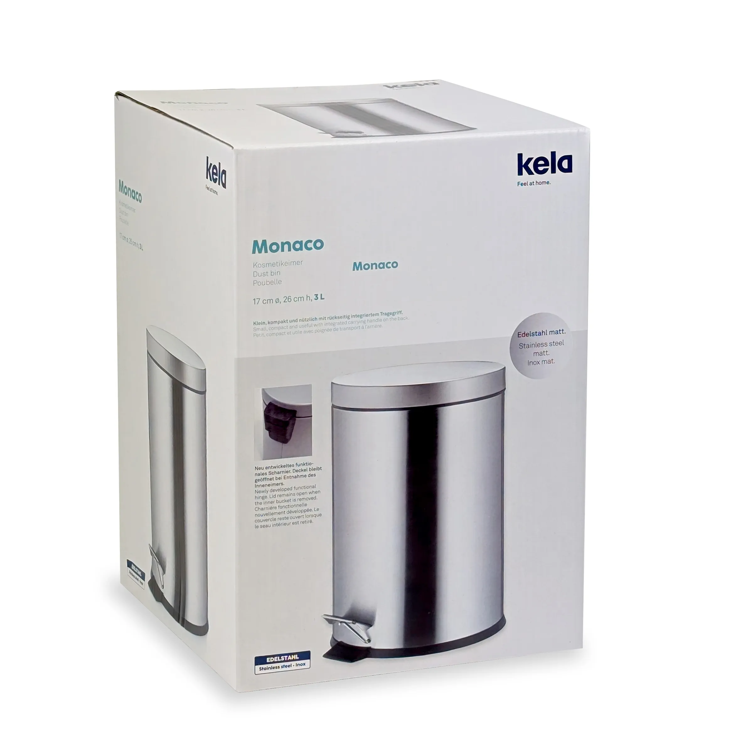 Kela Monaco Kosmetikeimer 3 Liter Edelstahl matt - Tretmülleimer mit Fußpedal Kela Monaco Kosmetikeimer Verpackung, 3L Edelstahl matt mit Fußpedal, weiße Produktbox