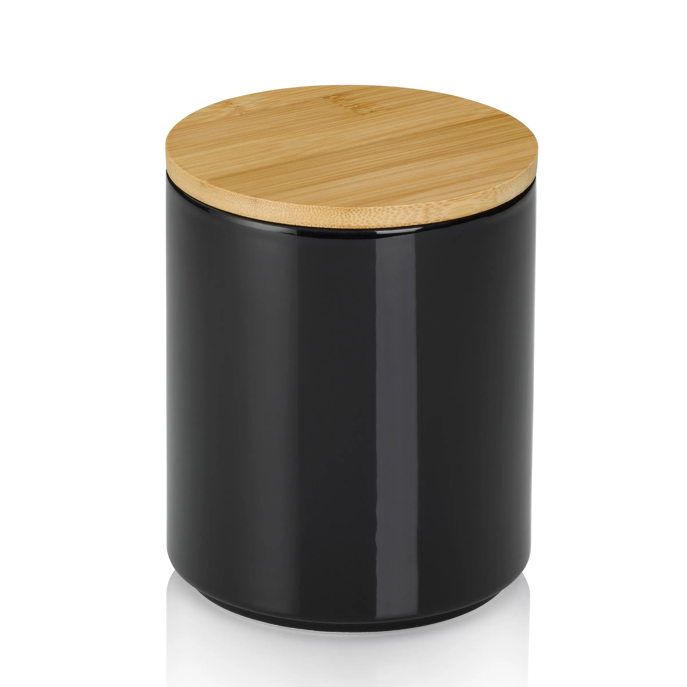 Keramik Vorratsdose schwarz mit Holzdeckel Schwarze Keramik-Vorratsdose mit rundem Deckel aus hellem Holz, zylindrische Form, modernes Design