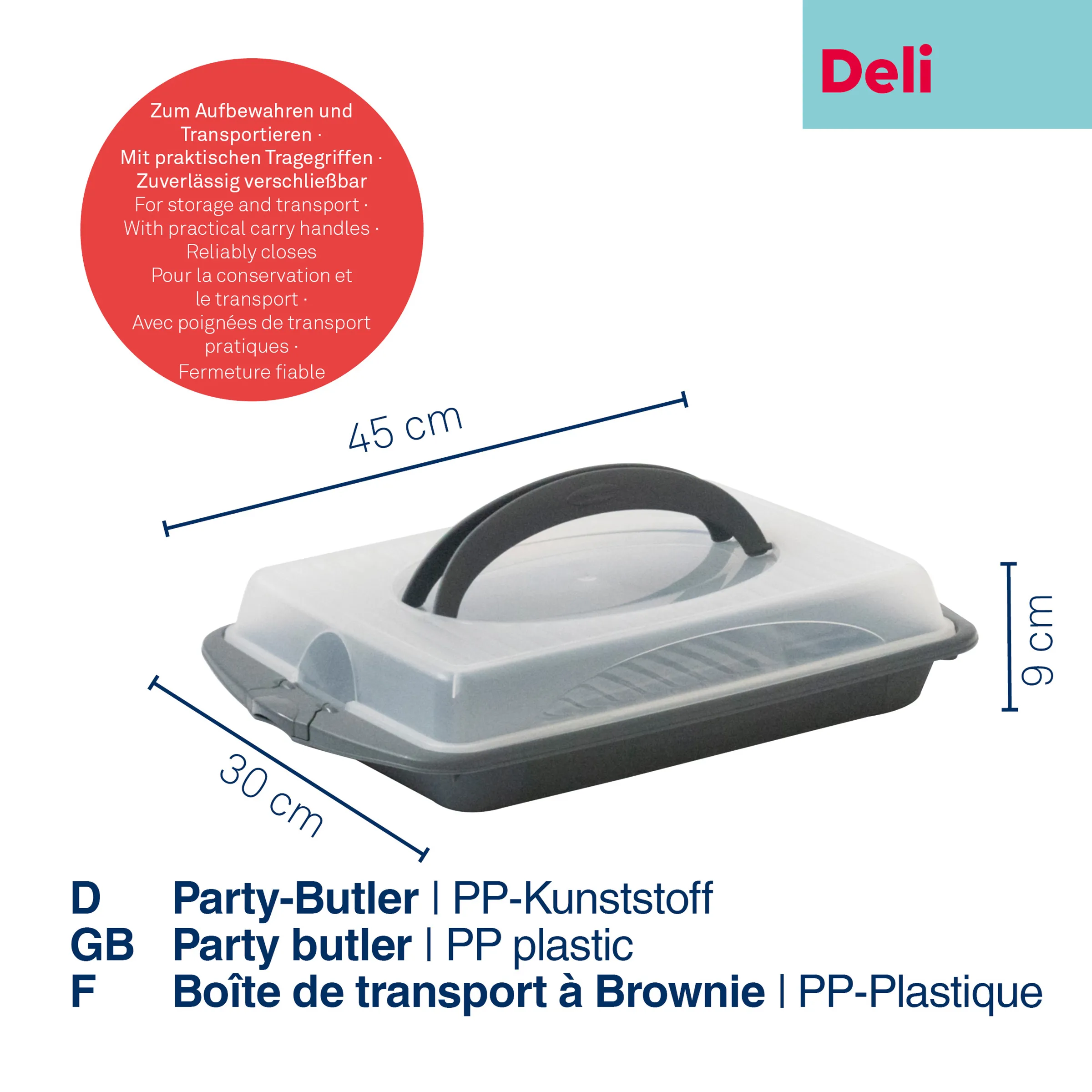 Party-Butler Transportbehälter aus PP-Kunststoff mit schwarzem Deckel, Tragegriff und Maßangaben 45 x 30 x 9 cm
