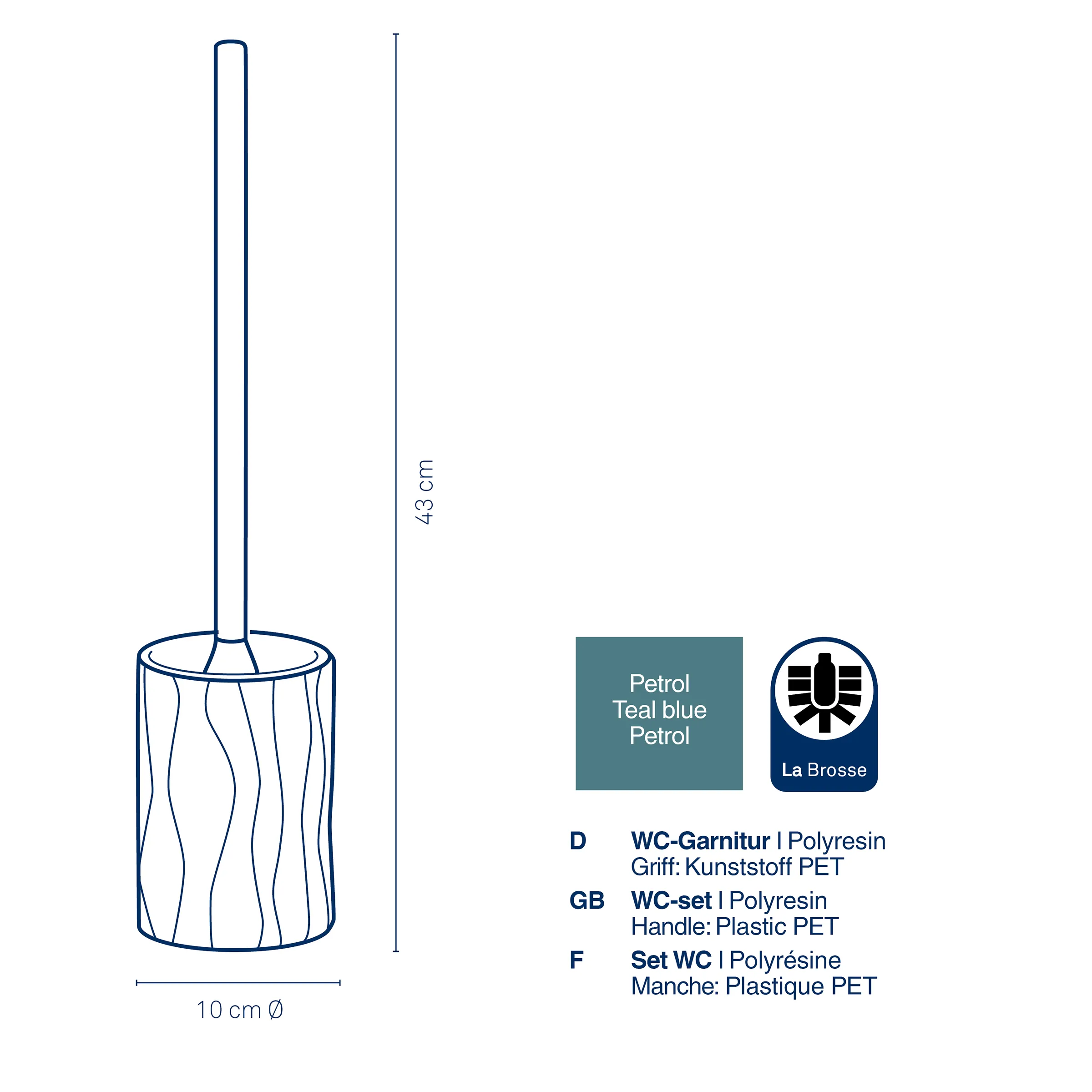 WC-Garnitur Petrolblau mit Kunststoffgriff 43 cm WC-Garnitur La Brosse mit Kunststoffgriff, Durchmesser 10 cm, Höhe 43 cm, in Petrolblau.
