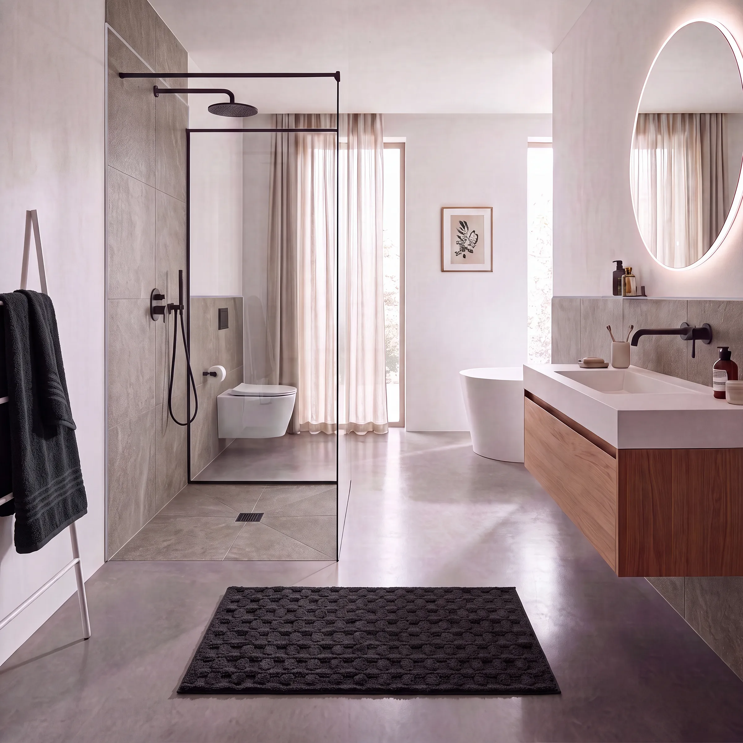 Modernes Badezimmer mit begehbarer Dusche und Holzwaschtisch – Luxuriöses Baddesign Modernes Badezimmer mit begehbarer Dusche, Holzwaschtisch, freistehender Badewanne und schwarzen Armaturen