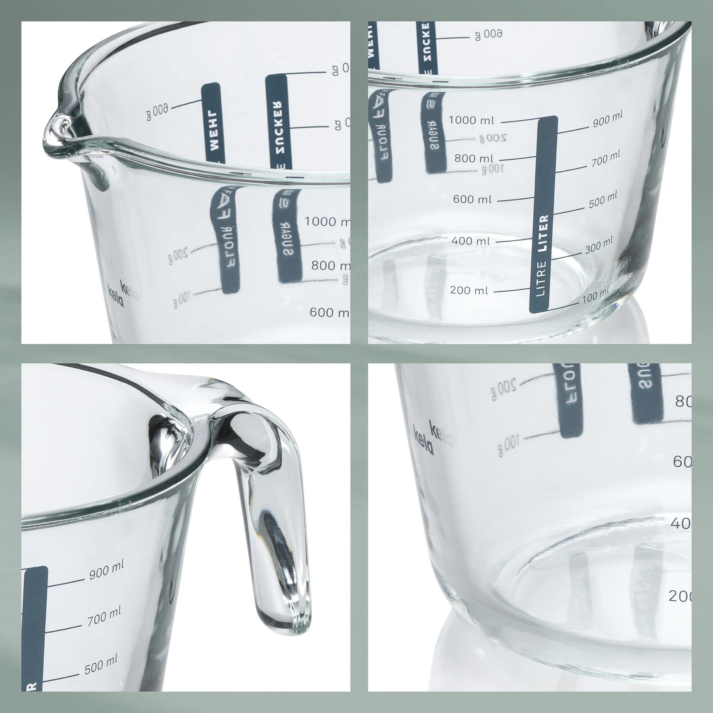 Glasmessbecher 1 Liter mit Skala und Griff - Messbecher Glas Glasmessbecher mit Skala bis 1000 ml und ergonomischem Griff, transparentes Borosilikatglas in Detailansicht