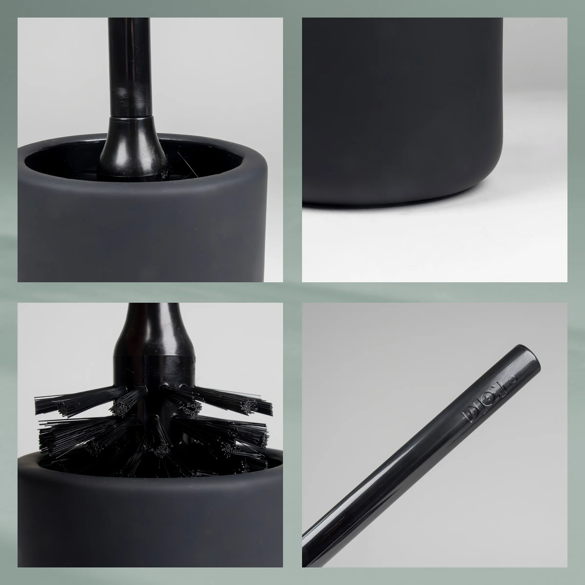 Reinigungsbürste mit Behälter - Professionelle Reinigungsbürste Schwarze Reinigungsbürste mit rundem Behälter, Detailaufnahmen von Griff, Borsten und Basis