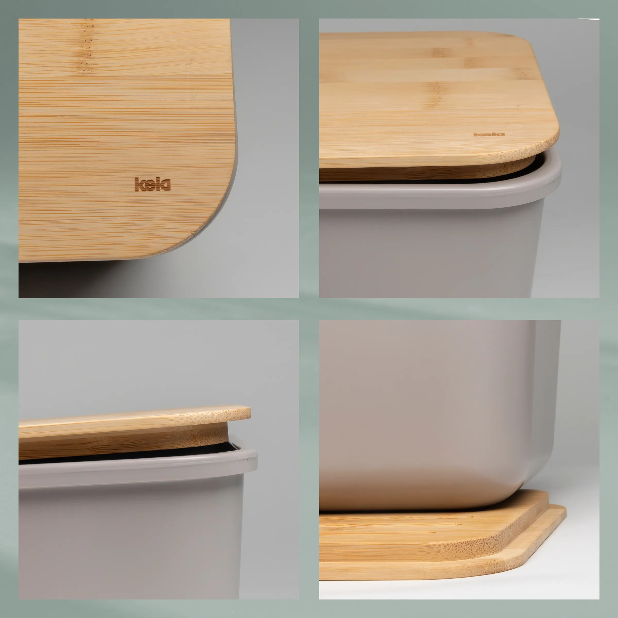 Kela Bamboo Deckel - Nachhaltiger Behälter mit Bambusholz Kela Bamboo Deckel und weiße Behälter mit Bambusholz-Abdeckung in verschiedenen Perspektiven
