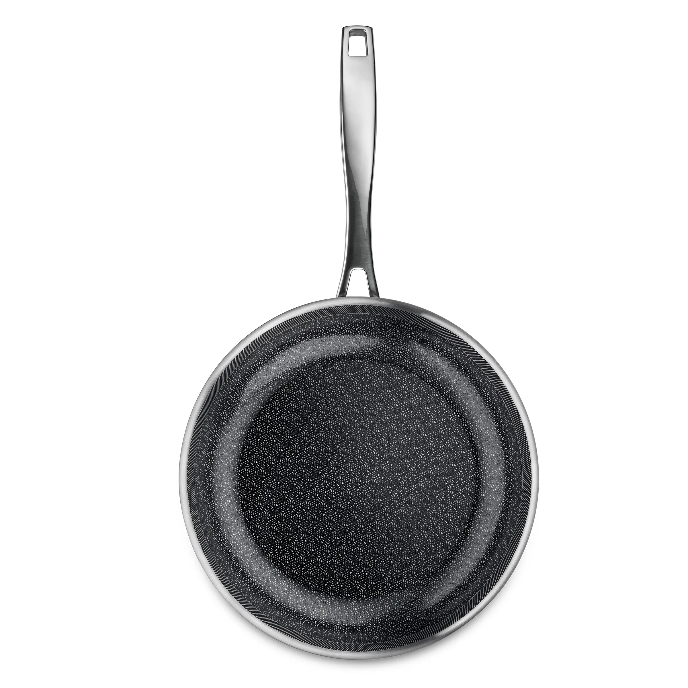 Antihaft-Bratpfanne schwarz mit langem Griff Schwarze Antihaft-Bratpfanne mit langem Stiel und modernem Design auf weißem Hintergrund
