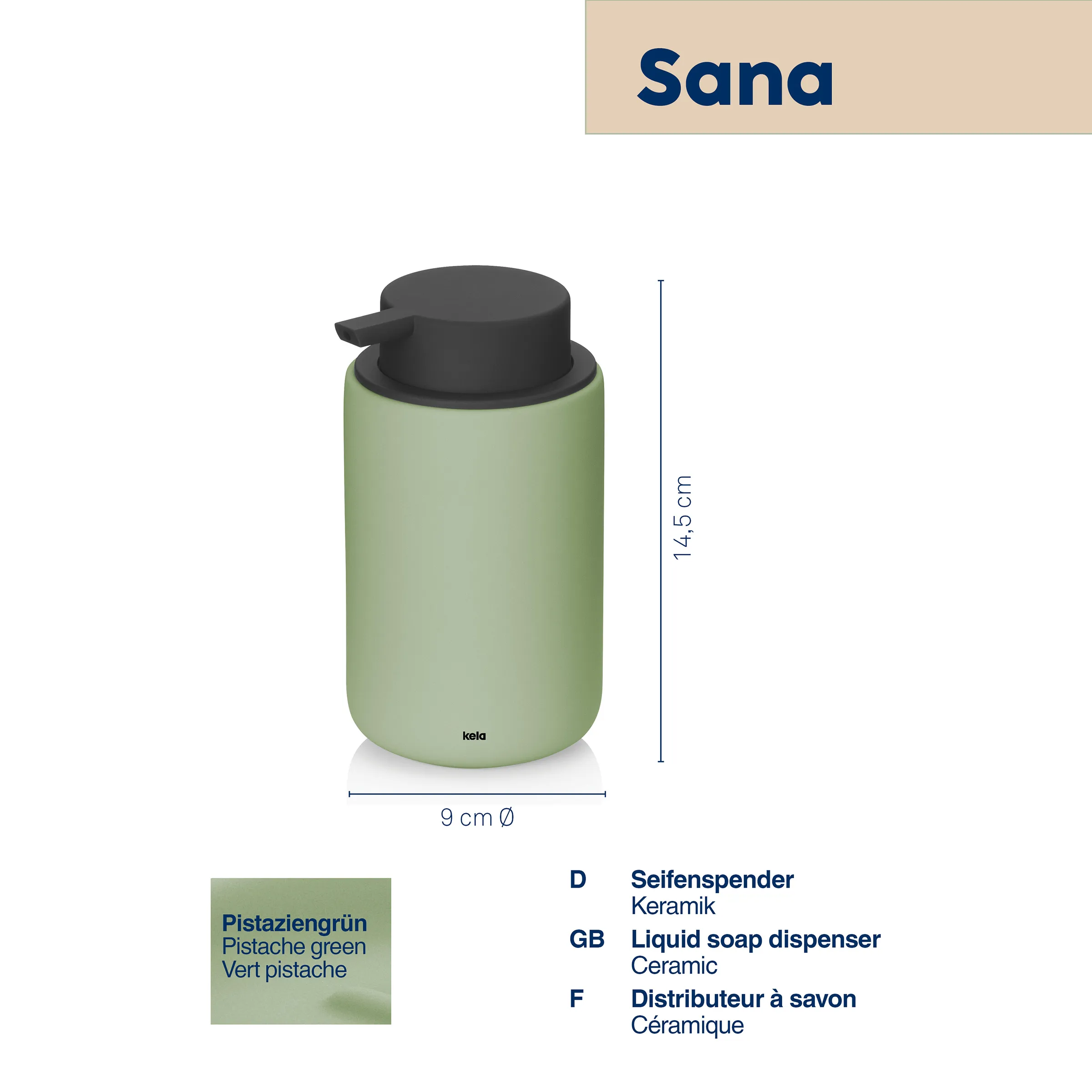 Sana Seifenspender Keramik pistaziengrün Pistaziengrüner Seifenspender Sana aus Keramik mit schwarzem Pumpkopf, Höhe 14,5 cm, Durchmesser 9 cm
