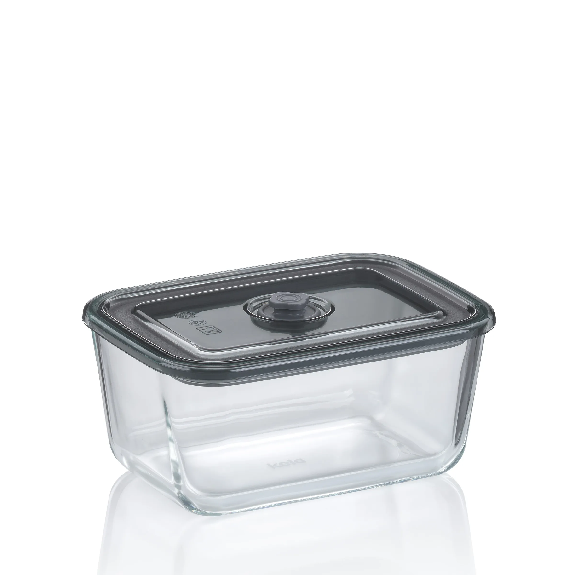 Glas-Vorratsbehälter mit Vakuum-Verschluss Rechteckiger Glasbecher mit schwarzem Deckel und Vakuum-Verschlusssystem, leer, auf weißem Hintergrund